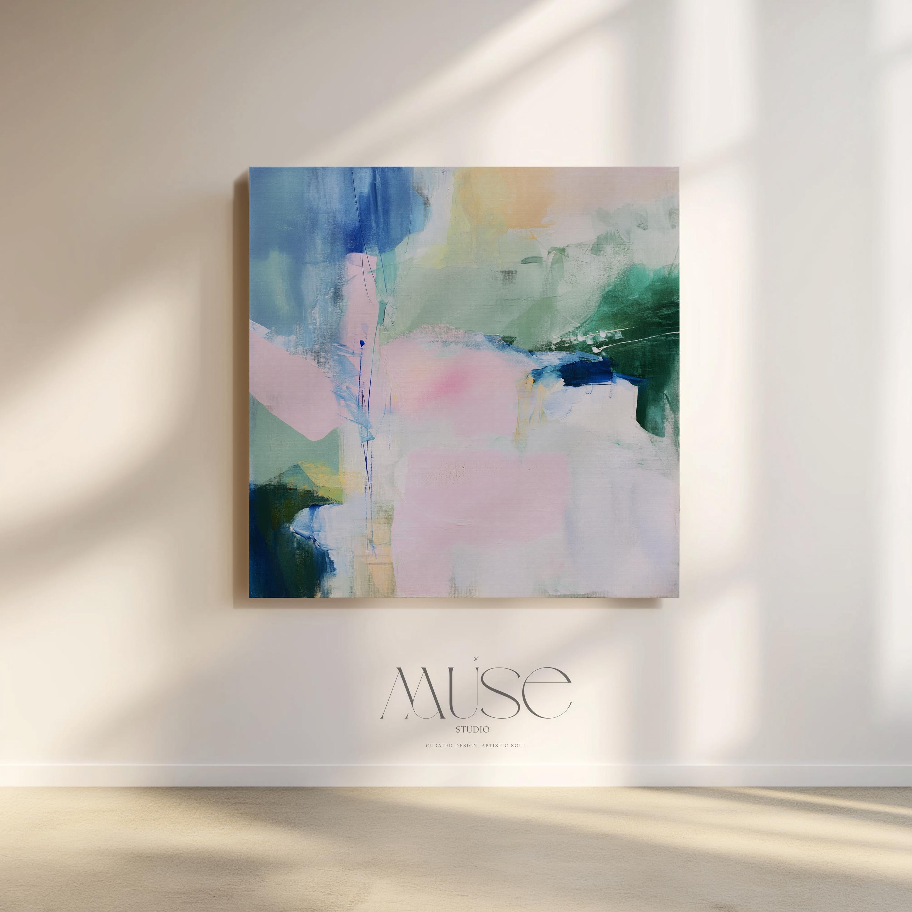 Muse Studio Aurora Bloom 421 large square pastel abstract canvas wall art in blush pink, sage green, soft blue, and ivory with painterly modern contemporary styling printed with museum-grade giclée inks on premium gallery-wrapped artist canvas for living room, bedroom, or office decor.