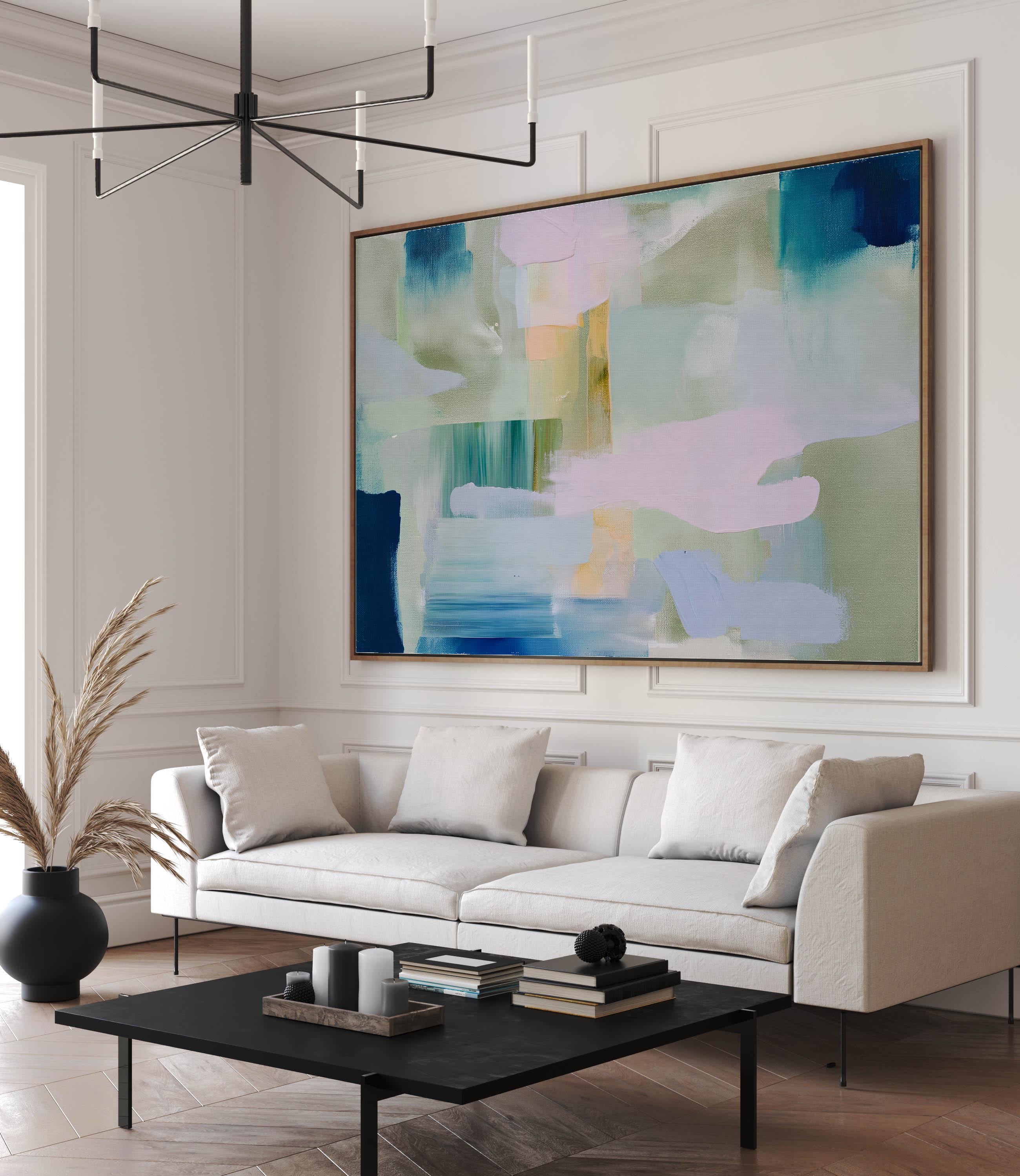 Large horizontal abstract canvas wall art featuring sage, teal, and blush brushstrokes with layered horizon effects. Designed in a soft contemporary and transitional style, this framed or gallery-wrapped artwork is ideal for living rooms, offices, or dining spaces.