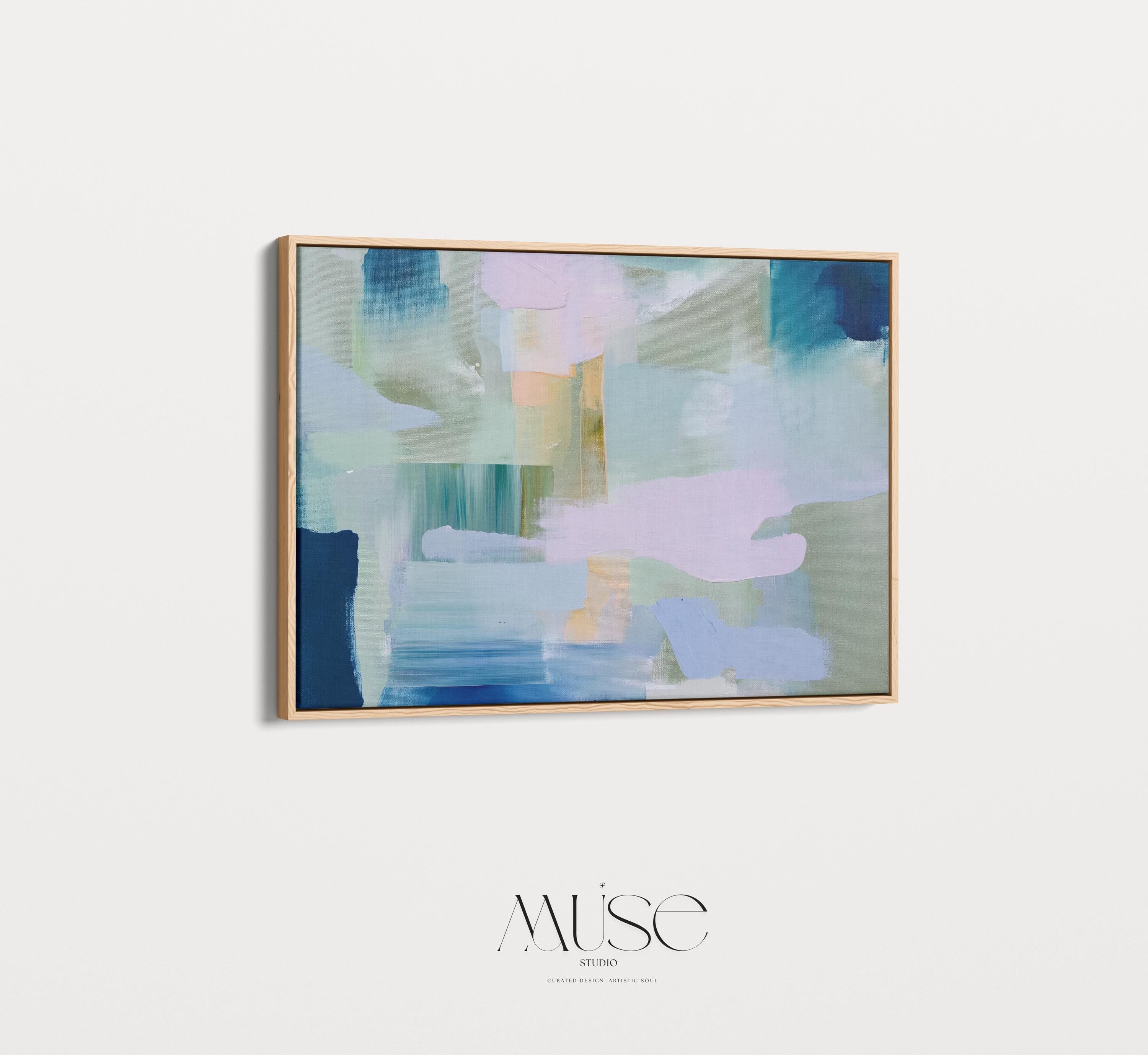 Large horizontal abstract canvas wall art featuring sage, teal, and blush brushstrokes with layered horizon effects. Designed in a soft contemporary and transitional style, this framed or gallery-wrapped artwork is ideal for living rooms, offices, or dining spaces.