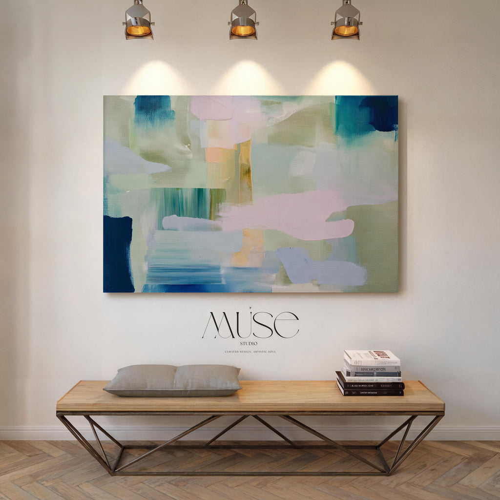 Horizontal abstract canvas wall art featuring sage, teal, and blush brushstrokes in a layered horizon style. The oversized painting reflects transitional and soft contemporary design, ideal for living rooms, offices, or dining rooms. Offered as a gallery-wrapped canvas for modern, designer-forward decor.