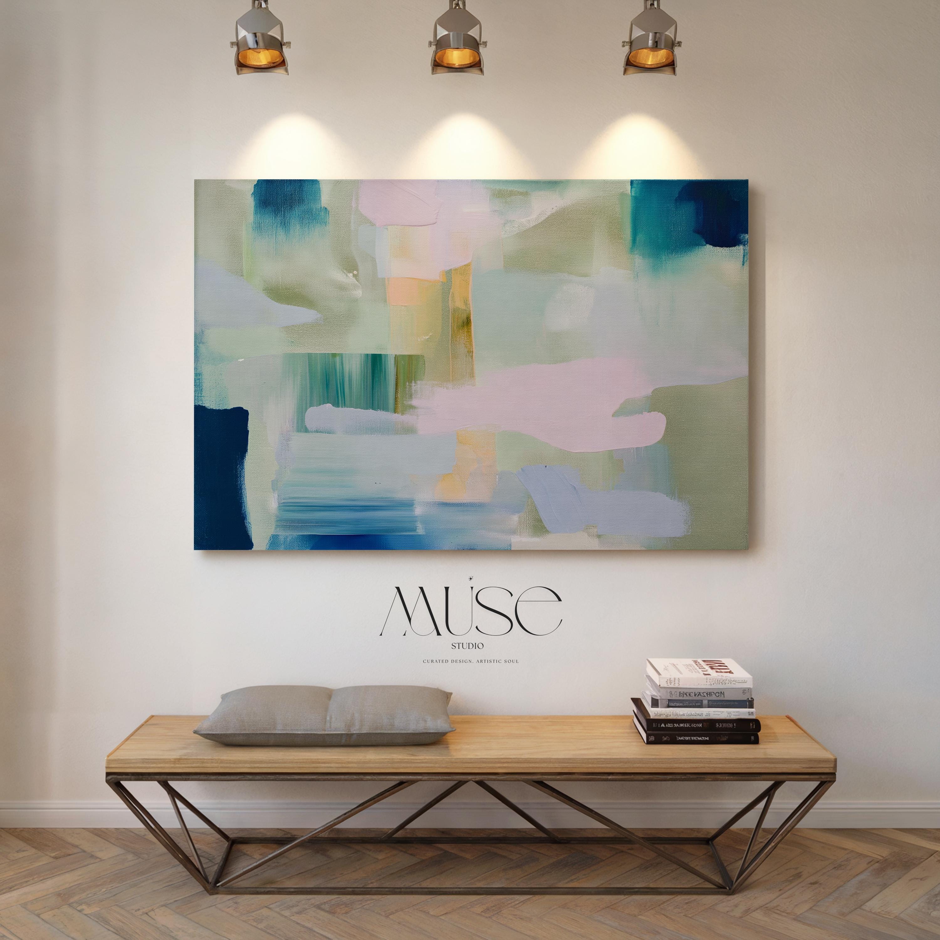 Horizontal abstract canvas wall art featuring sage, teal, and blush brushstrokes in a layered horizon style. The oversized painting reflects transitional and soft contemporary design, ideal for living rooms, offices, or dining rooms. Offered as a gallery-wrapped canvas for modern, designer-forward decor.