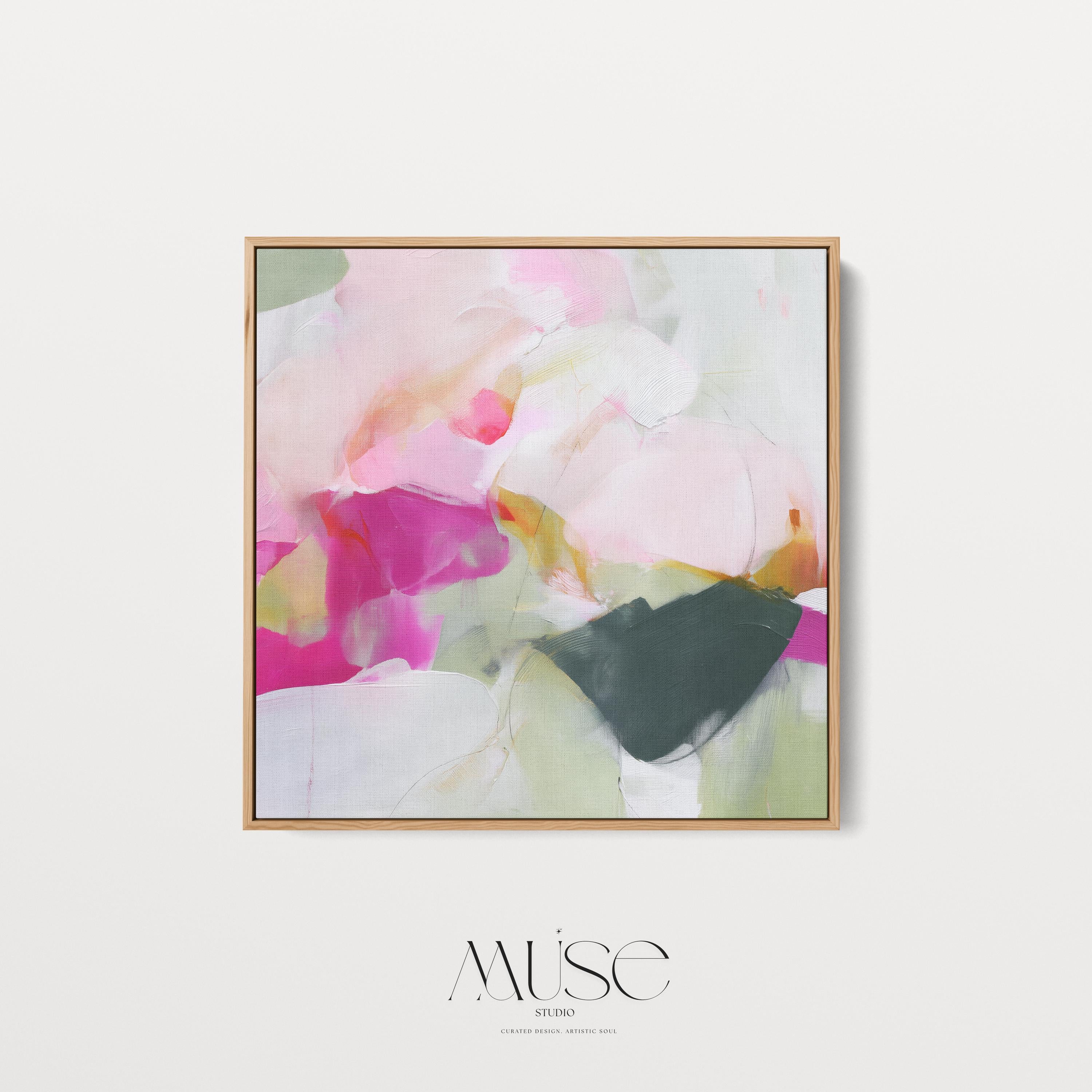 Square framed abstract canvas wall art in pink, blush, and green tones with pastel layers and bold color pop accents. Designed with a lively, artistic energy that complements boho, soft contemporary, and color-forward interiors. Ideal for dining rooms, living rooms, or entryway statement decor. Available as a gallery-wrapped canvas, framed canvas, or fine art poster print for curated boutique wall art styling.