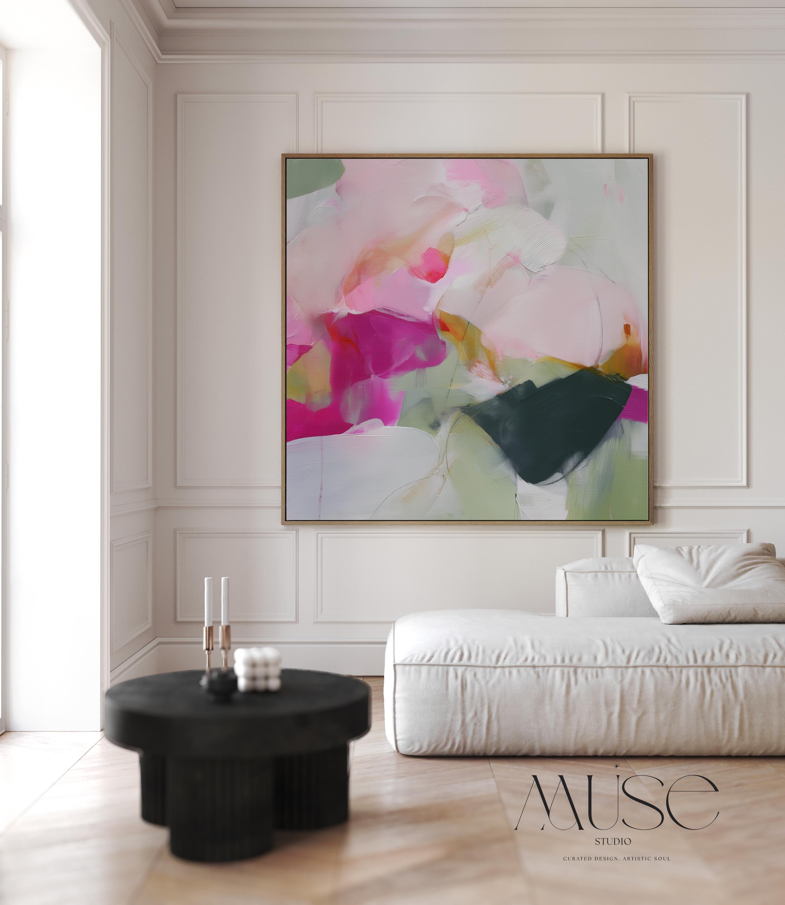 Square framed abstract canvas wall art in pink, blush, and green tones with pastel layers and bold color pop accents. Designed with a lively, artistic energy that complements boho, soft contemporary, and color-forward interiors. Ideal for dining rooms, living rooms, or entryway statement decor. Available as a gallery-wrapped canvas, framed canvas, or fine art poster print for curated boutique wall art styling.