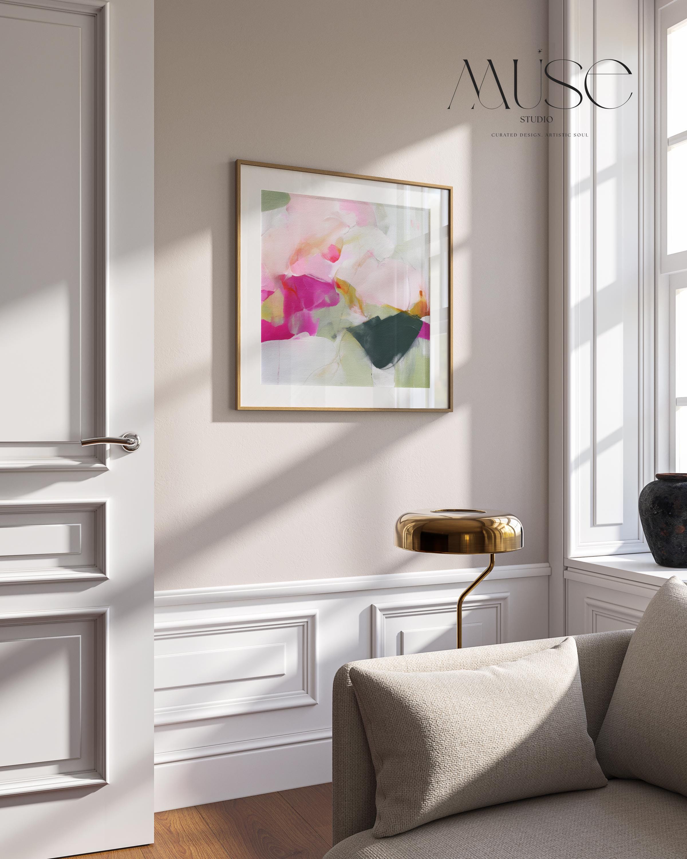 Square abstract art print with soft layers of pink, blush, and green in a pastel palette, designed in a soft contemporary style. Perfect for modern dining rooms, living rooms, or entryway walls, it offers a clean and airy aesthetic. Printed as a fine art poster with archival inks on premium paper, this artwork blends boutique elegance with versatile home styling.