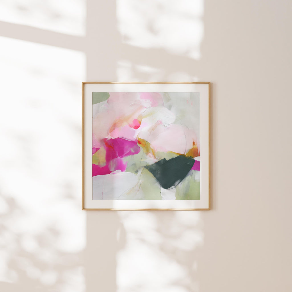 Square abstract art print with soft layers of pink, blush, and green in a pastel palette, designed in a soft contemporary style. Perfect for modern dining rooms, living rooms, or entryway walls, it offers a clean and airy aesthetic. Printed as a fine art poster with archival inks on premium paper, this artwork blends boutique elegance with versatile home styling.