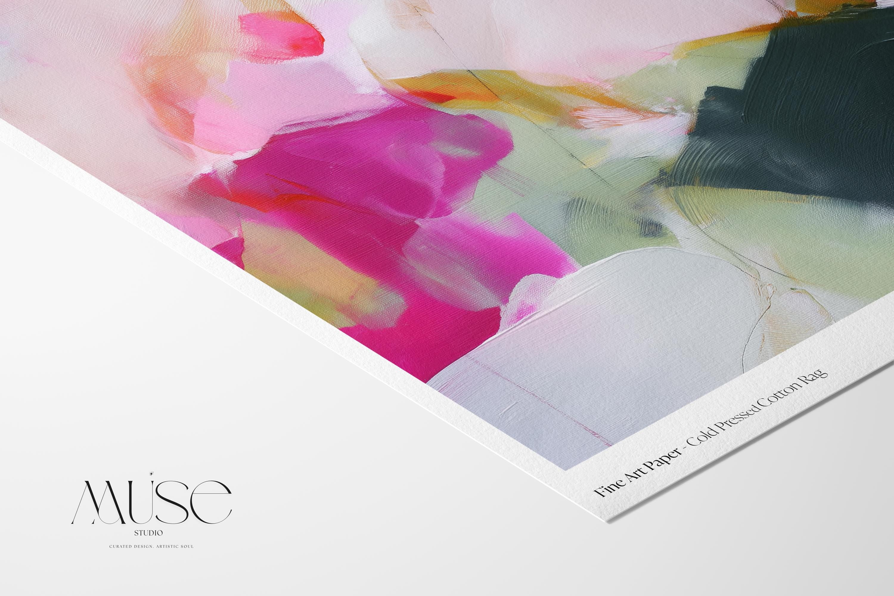 Square abstract art print with soft layers of pink, blush, and green in a pastel palette, designed in a soft contemporary style. Perfect for modern dining rooms, living rooms, or entryway walls, it offers a clean and airy aesthetic. Printed as a fine art poster with archival inks on premium paper, this artwork blends boutique elegance with versatile home styling.
