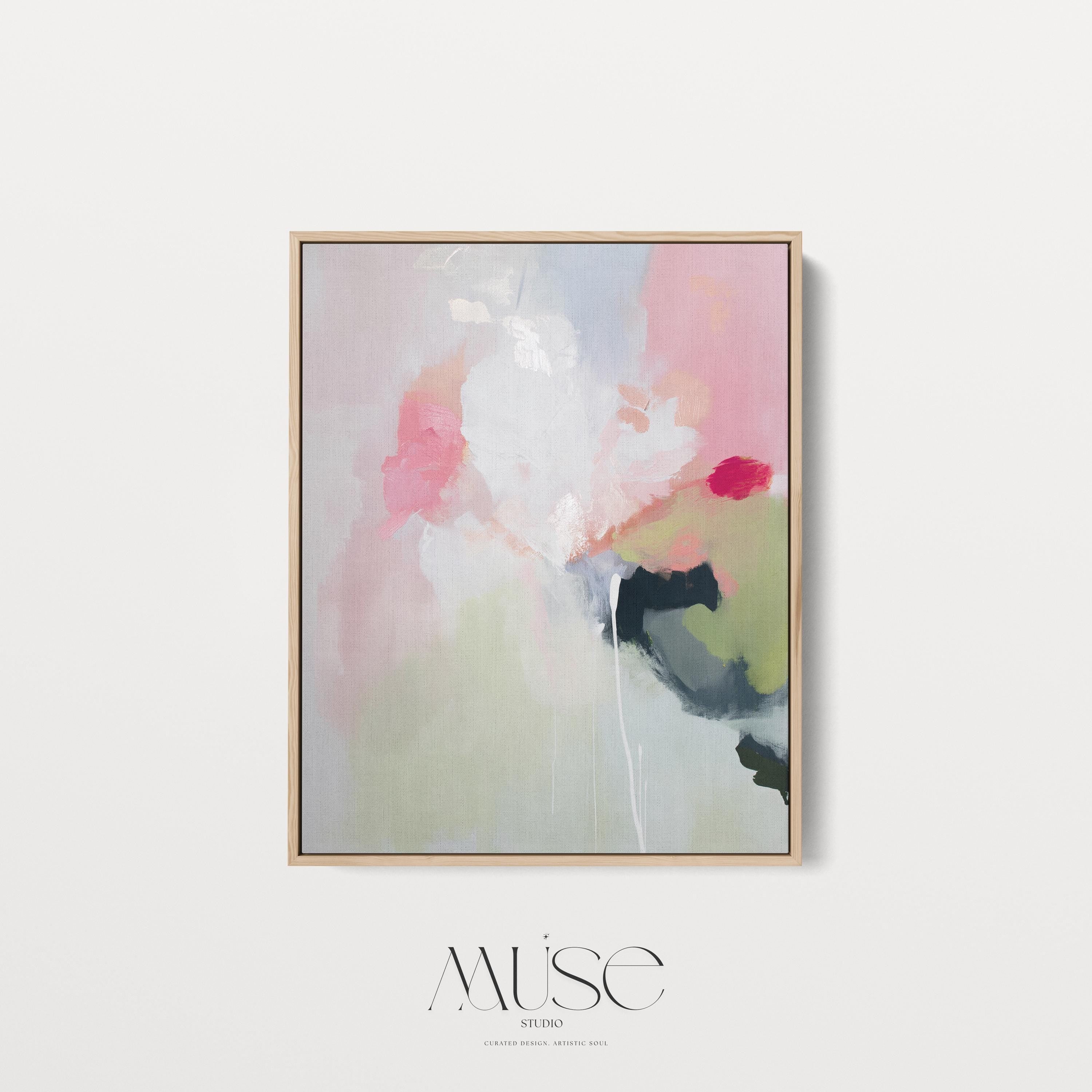 Vertical abstract canvas wall art featuring blush pink, soft green, and muted pastel tones in a warm minimalist style. This artwork offers a serene and calming presence, ideal for bedrooms, living rooms, or entryways. Designed for layered, neutral interiors, it blends easily with contemporary and designer home decor. Available as a gallery-wrapped canvas, framed canvas, or fine art poster print for curated boutique styling.
