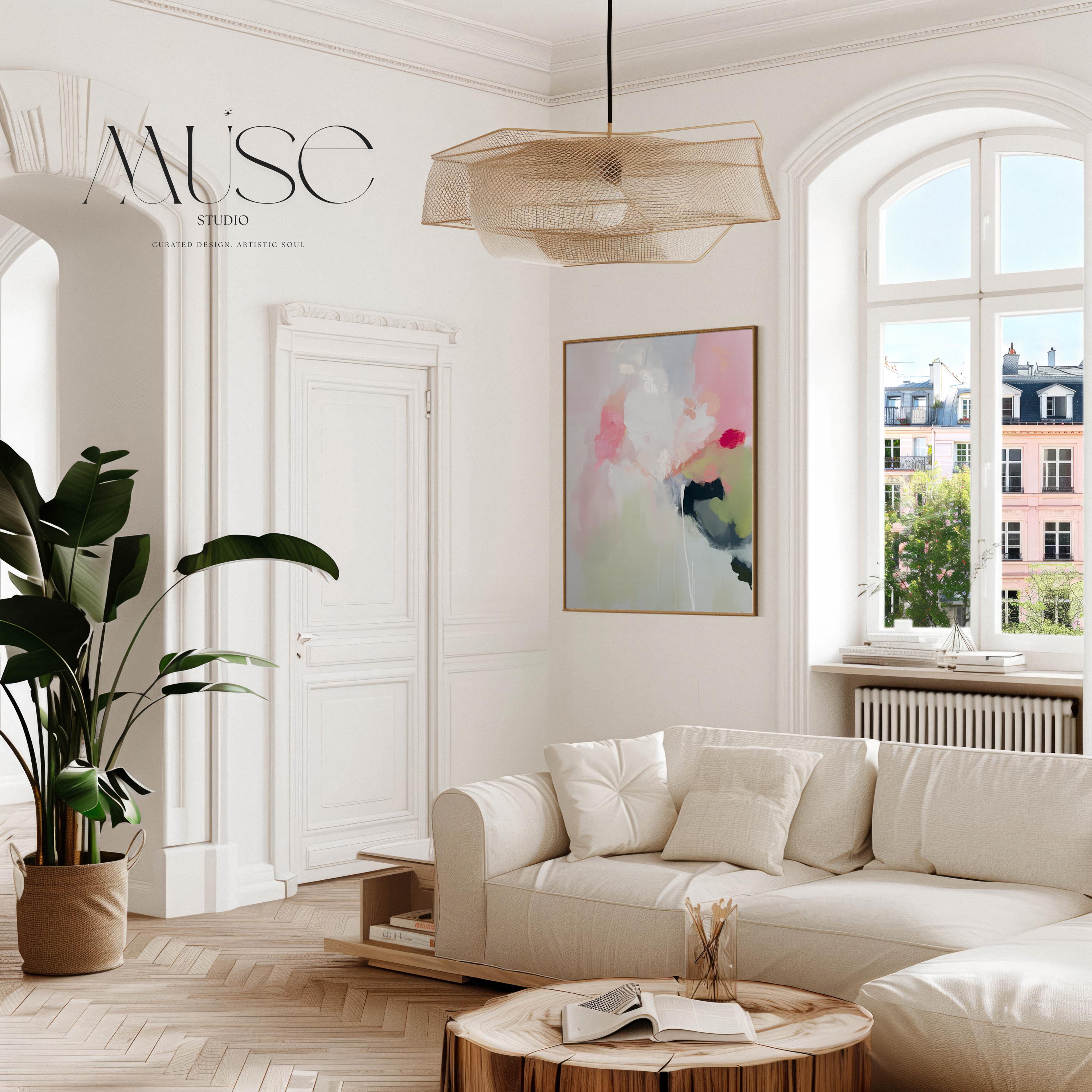 Vertical abstract canvas wall art featuring blush pink, soft green, and muted pastel tones in a warm minimalist style. This artwork offers a serene and calming presence, ideal for bedrooms, living rooms, or entryways. Designed for layered, neutral interiors, it blends easily with contemporary and designer home decor. Available as a gallery-wrapped canvas, framed canvas, or fine art poster print for curated boutique styling.