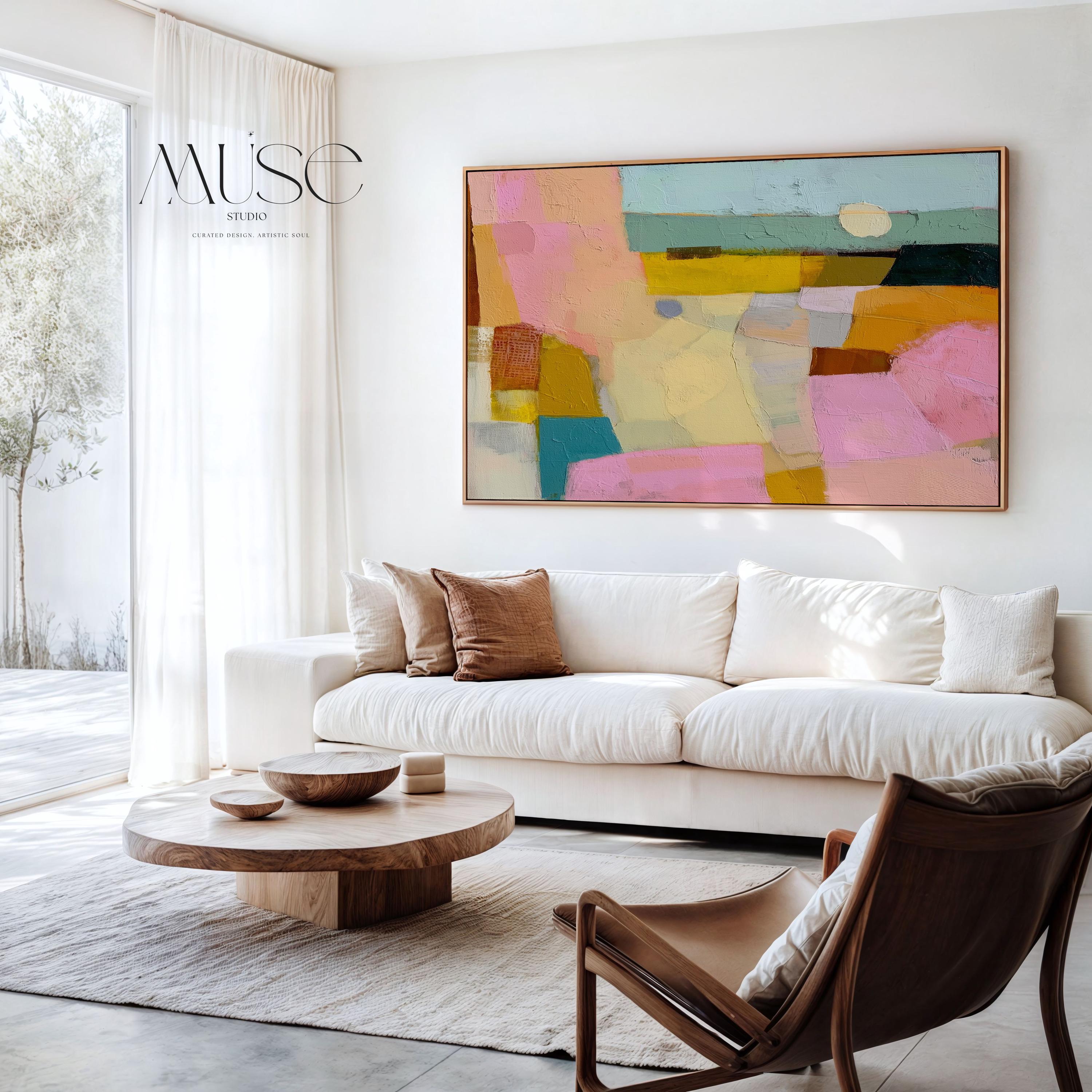 Horizontal abstract canvas wall art with pink, yellow, teal, and neutral tones in a painterly geometric design. This textured pastel artwork blends boho and modern styles, ideal for living rooms, bedrooms, or entryway walls. Its bold color palette adds vibrancy while maintaining balance, perfect for transitional and contemporary interiors. Available as a gallery-wrapped canvas, framed canvas, or fine art poster print for versatile boutique home decor.