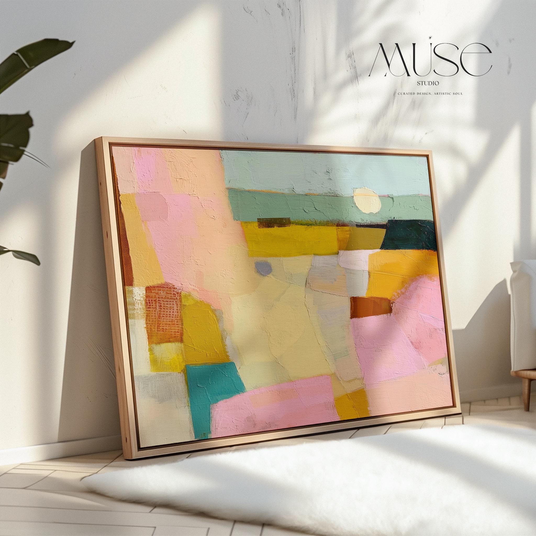 Horizontal abstract canvas wall art with pink, yellow, teal, and neutral tones in a painterly geometric design. This textured pastel artwork blends boho and modern styles, ideal for living rooms, bedrooms, or entryway walls. Its bold color palette adds vibrancy while maintaining balance, perfect for transitional and contemporary interiors. Available as a gallery-wrapped canvas, framed canvas, or fine art poster print for versatile boutique home decor.