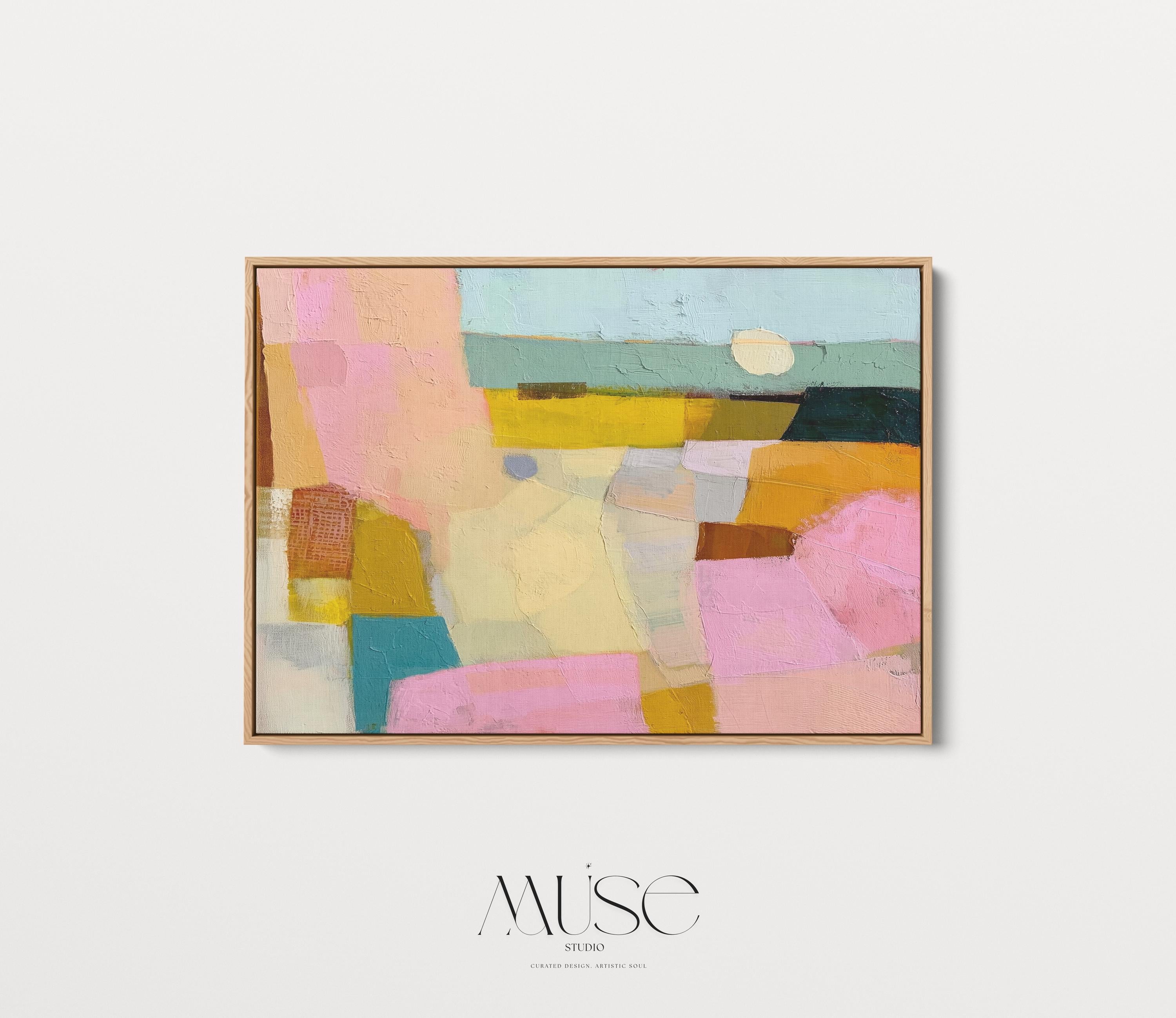 Horizontal abstract canvas wall art with pink, yellow, teal, and neutral tones in a painterly geometric design. This textured pastel artwork blends boho and modern styles, ideal for living rooms, bedrooms, or entryway walls. Its bold color palette adds vibrancy while maintaining balance, perfect for transitional and contemporary interiors. Available as a gallery-wrapped canvas, framed canvas, or fine art poster print for versatile boutique home decor.