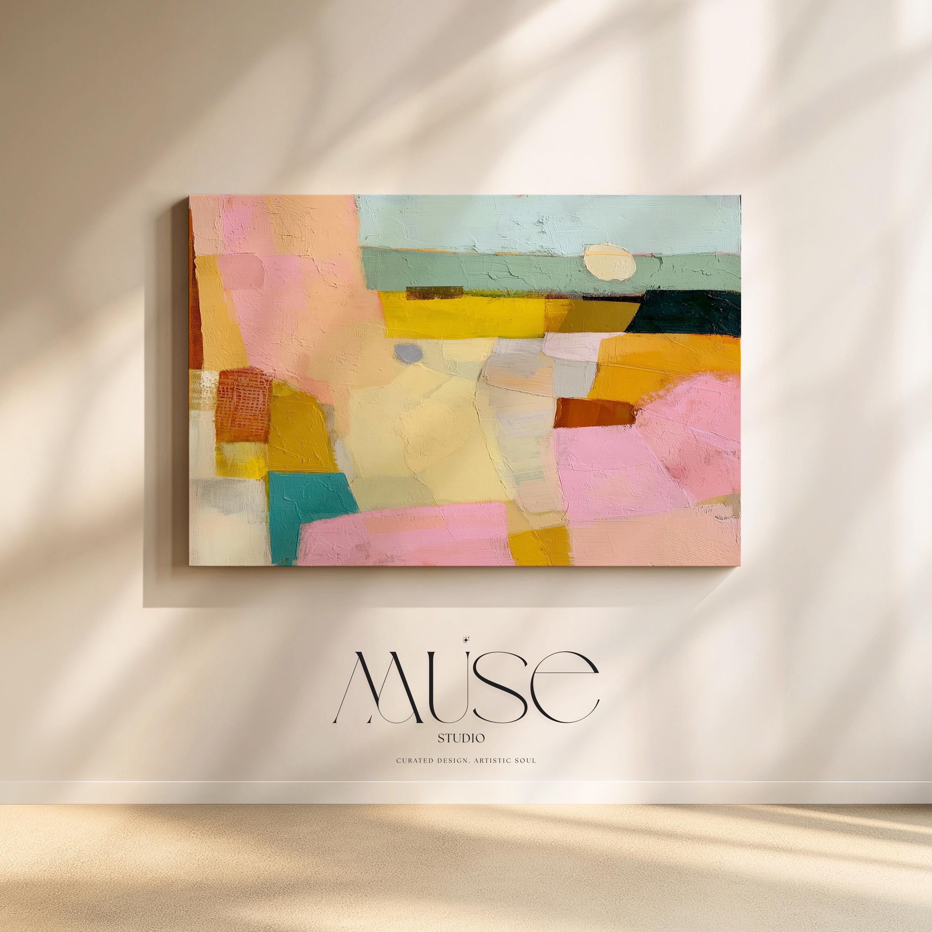 Horizontal abstract canvas wall art with pink, yellow, teal, and neutral pastel tones in a textural geometric design. This bold yet balanced artwork complements boho and transitional interiors, making it perfect for living rooms, bedrooms, or entryway walls. With its vibrant palette and painterly details, it adds boutique warmth and personality to any space. Available as a gallery-wrapped canvas, framed canvas, or fine art poster print.