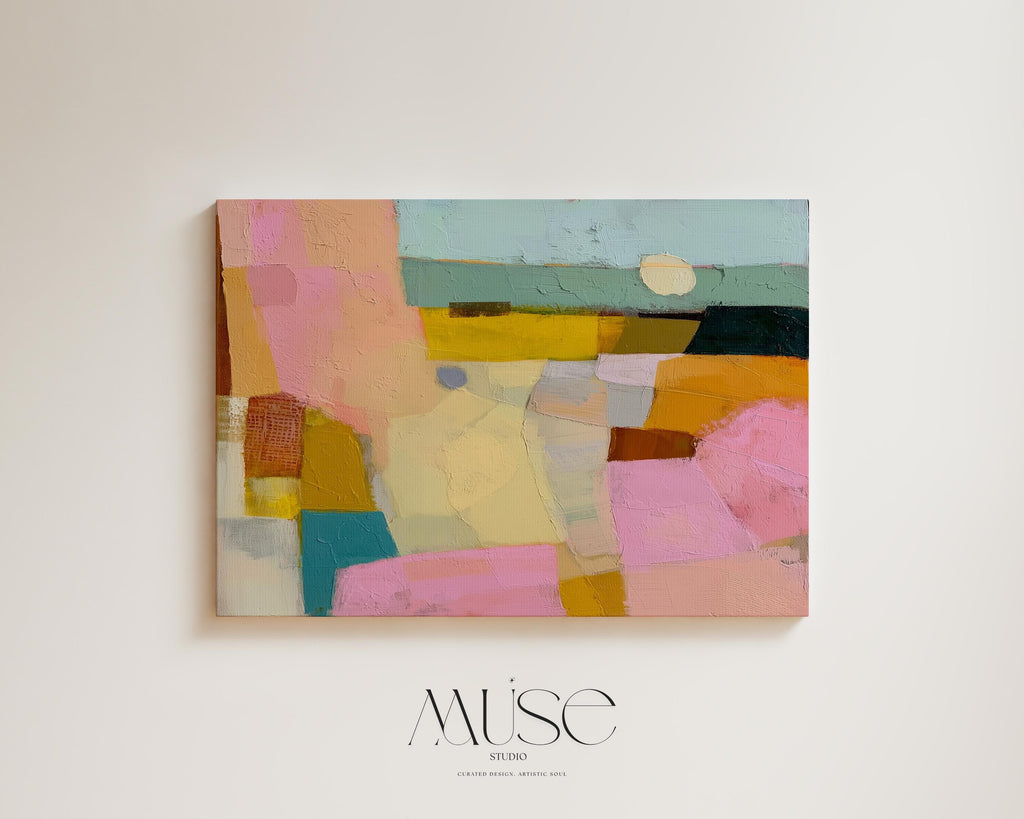 Horizontal abstract canvas wall art with pink, yellow, teal, and neutral pastel tones in a textural geometric design. This bold yet balanced artwork complements boho and transitional interiors, making it perfect for living rooms, bedrooms, or entryway walls. With its vibrant palette and painterly details, it adds boutique warmth and personality to any space. Available as a gallery-wrapped canvas, framed canvas, or fine art poster print.