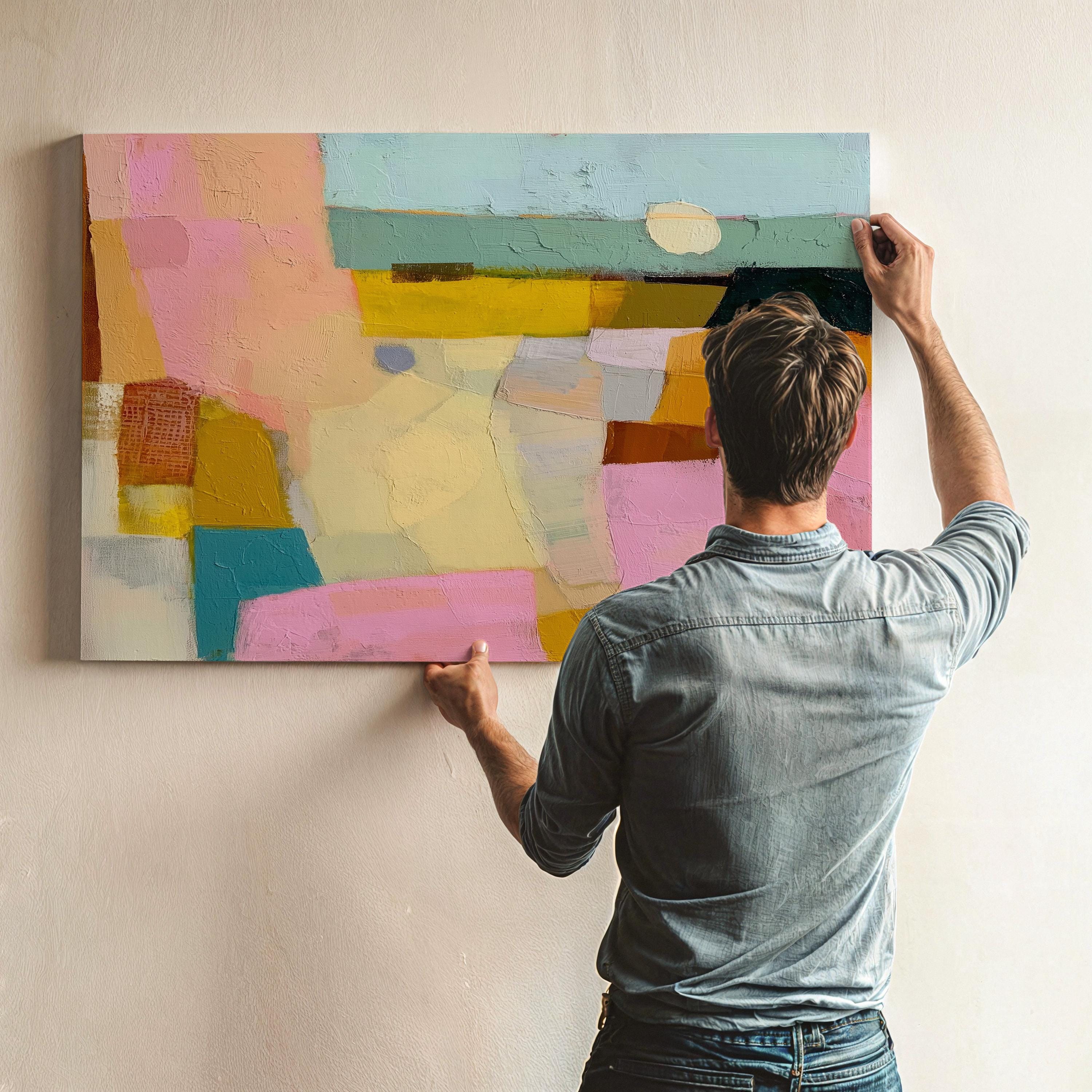 Horizontal abstract canvas wall art with pink, yellow, teal, and neutral pastel tones in a textural geometric design. This bold yet balanced artwork complements boho and transitional interiors, making it perfect for living rooms, bedrooms, or entryway walls. With its vibrant palette and painterly details, it adds boutique warmth and personality to any space. Available as a gallery-wrapped canvas, framed canvas, or fine art poster print.