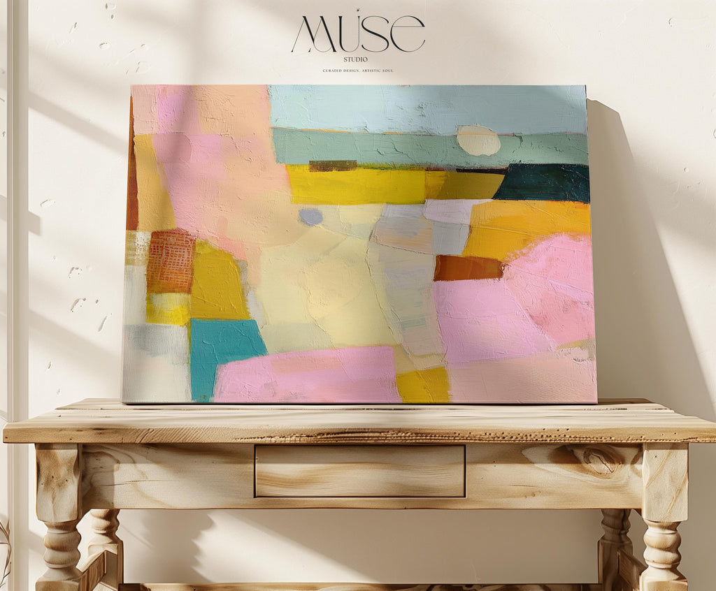 Horizontal abstract canvas wall art with pink, yellow, teal, and neutral pastel tones in a textural geometric design. This bold yet balanced artwork complements boho and transitional interiors, making it perfect for living rooms, bedrooms, or entryway walls. With its vibrant palette and painterly details, it adds boutique warmth and personality to any space. Available as a gallery-wrapped canvas, framed canvas, or fine art poster print.