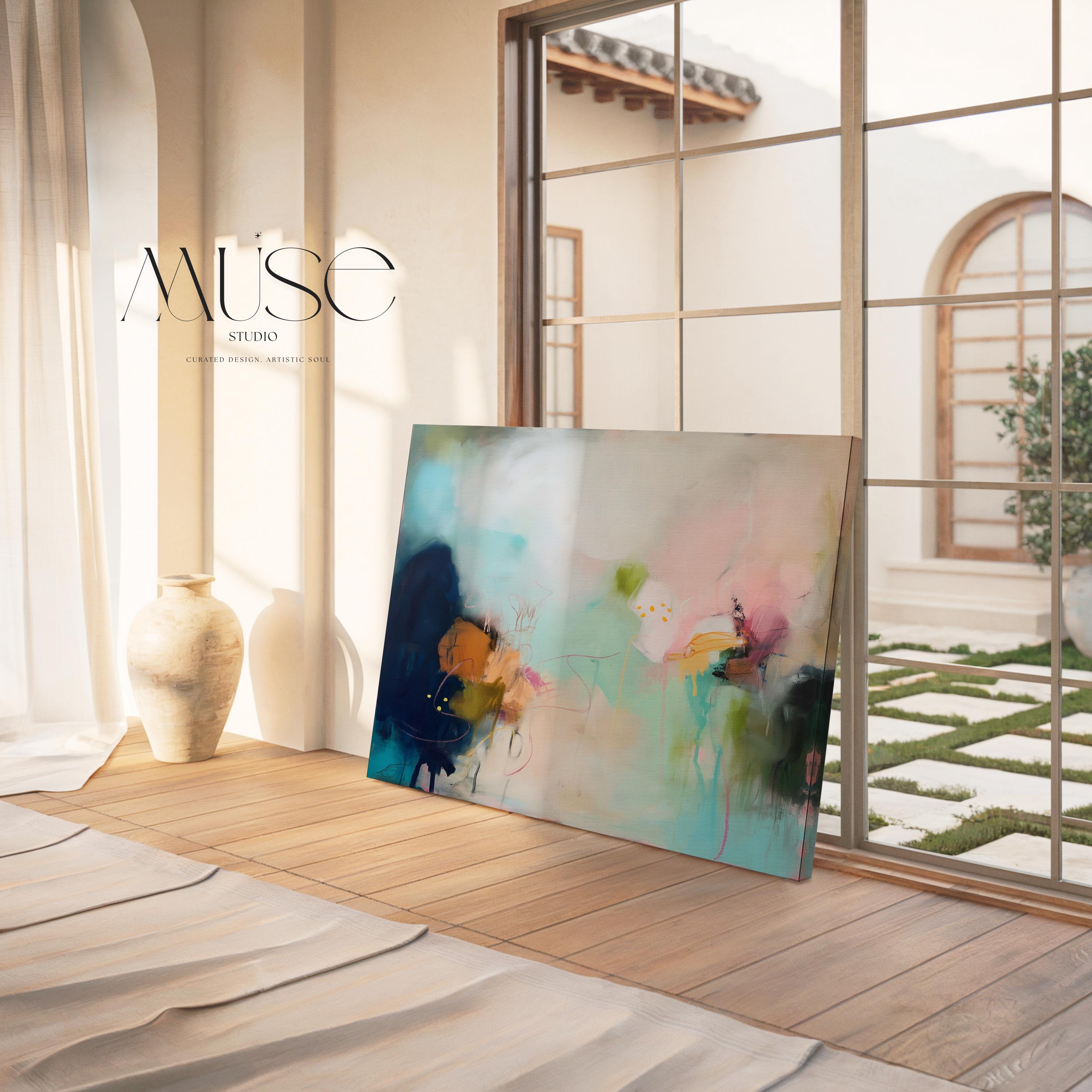Horizontal abstract wall art with pink, teal, and mustard brushstrokes. Contemporary canvas painting designed as a colorful statement piece for living rooms, dining areas, or offices. Available as a gallery-wrapped or framed canvas for curated, designer-forward home decor.