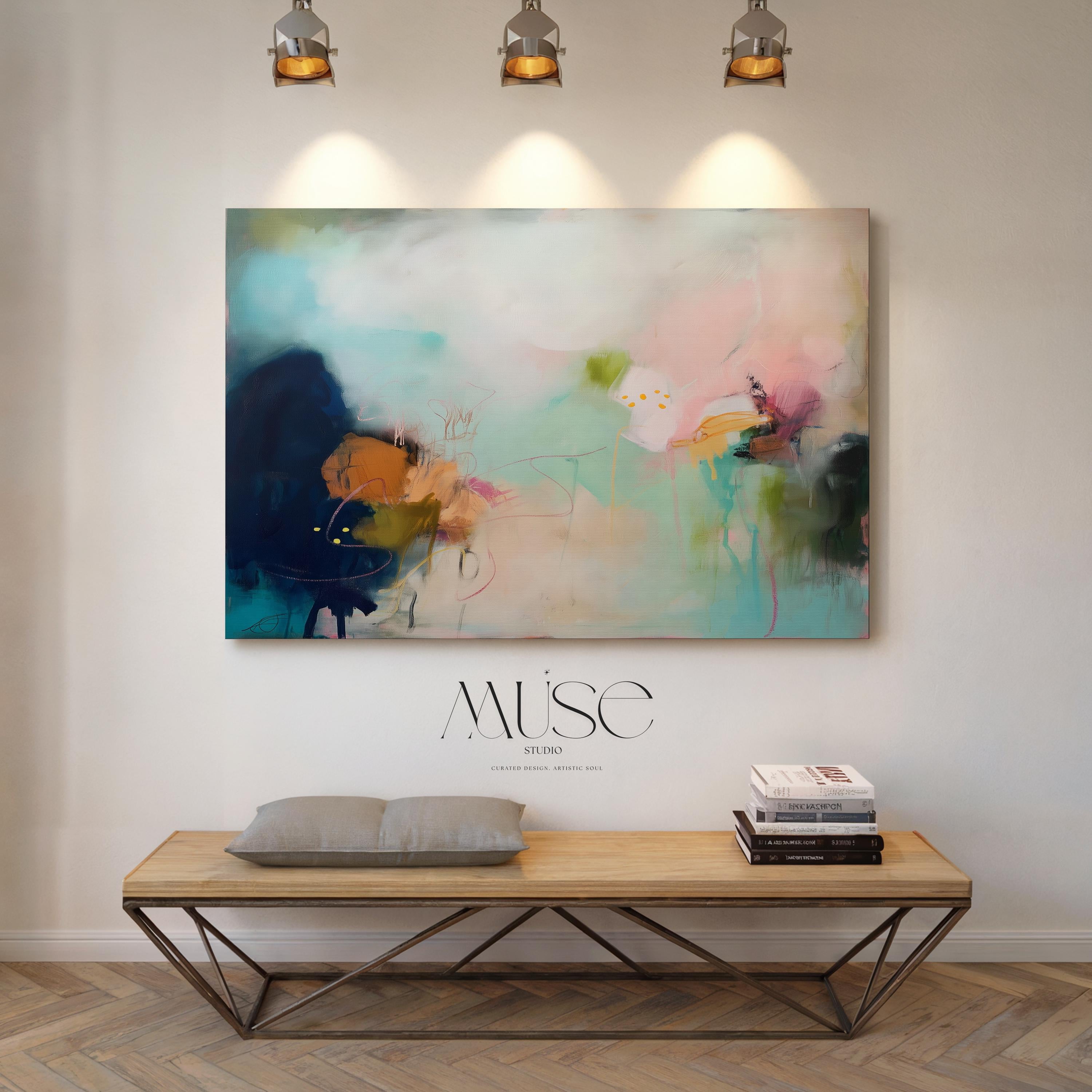 Horizontal abstract wall art with pink, teal, and mustard brushstrokes. Contemporary canvas painting designed as a colorful statement piece for living rooms, dining areas, or offices. Available as a gallery-wrapped or framed canvas for curated, designer-forward home decor.