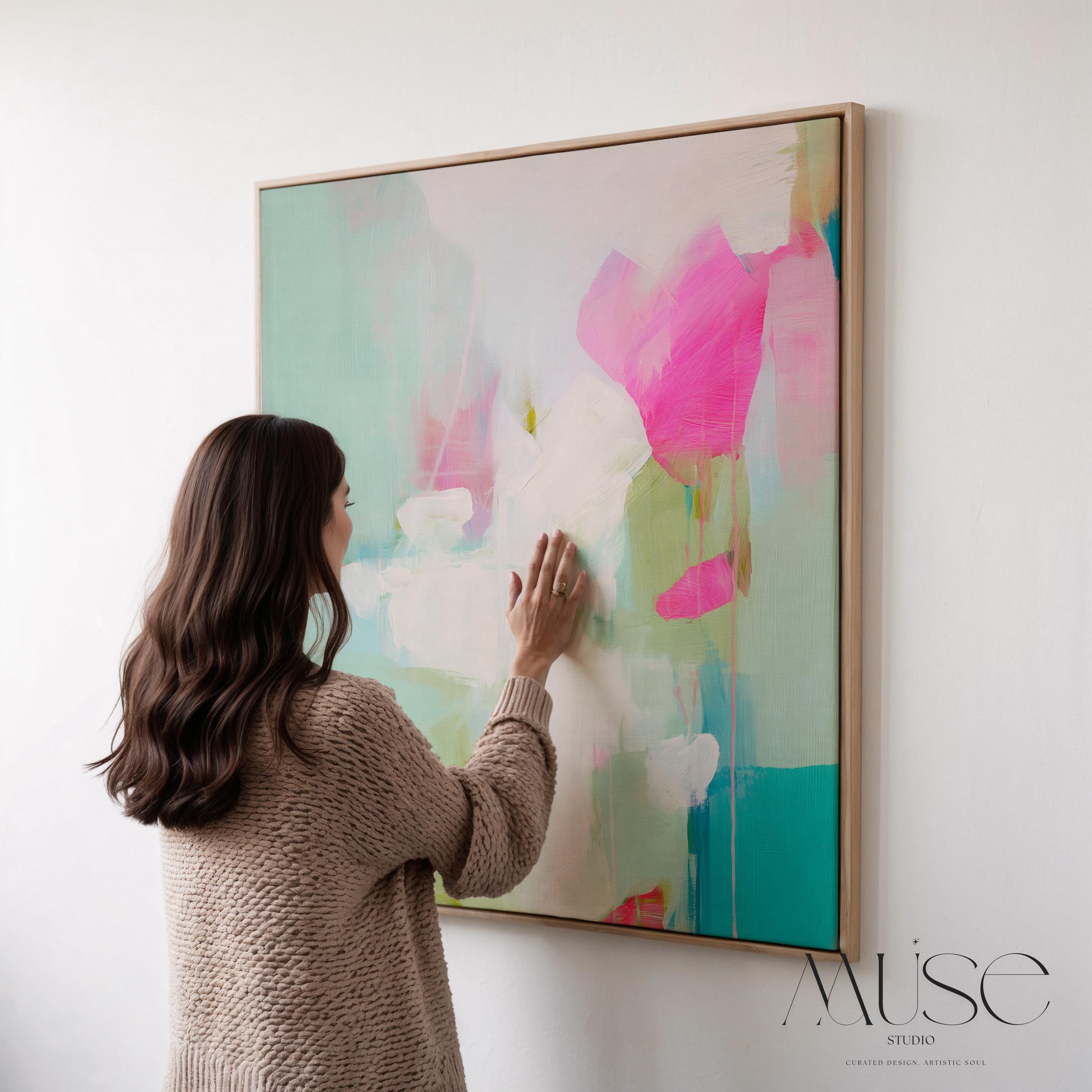 Square abstract canvas wall art featuring aqua blue, blush pink, and soft white brushstrokes in a light, painterly style. Designed for soft contemporary and preppy interiors, this large framed artwork brings an airy, uplifting mood to bedrooms, nurseries, or living rooms. Available as a gallery-wrapped or framed canvas for curated designer decor.