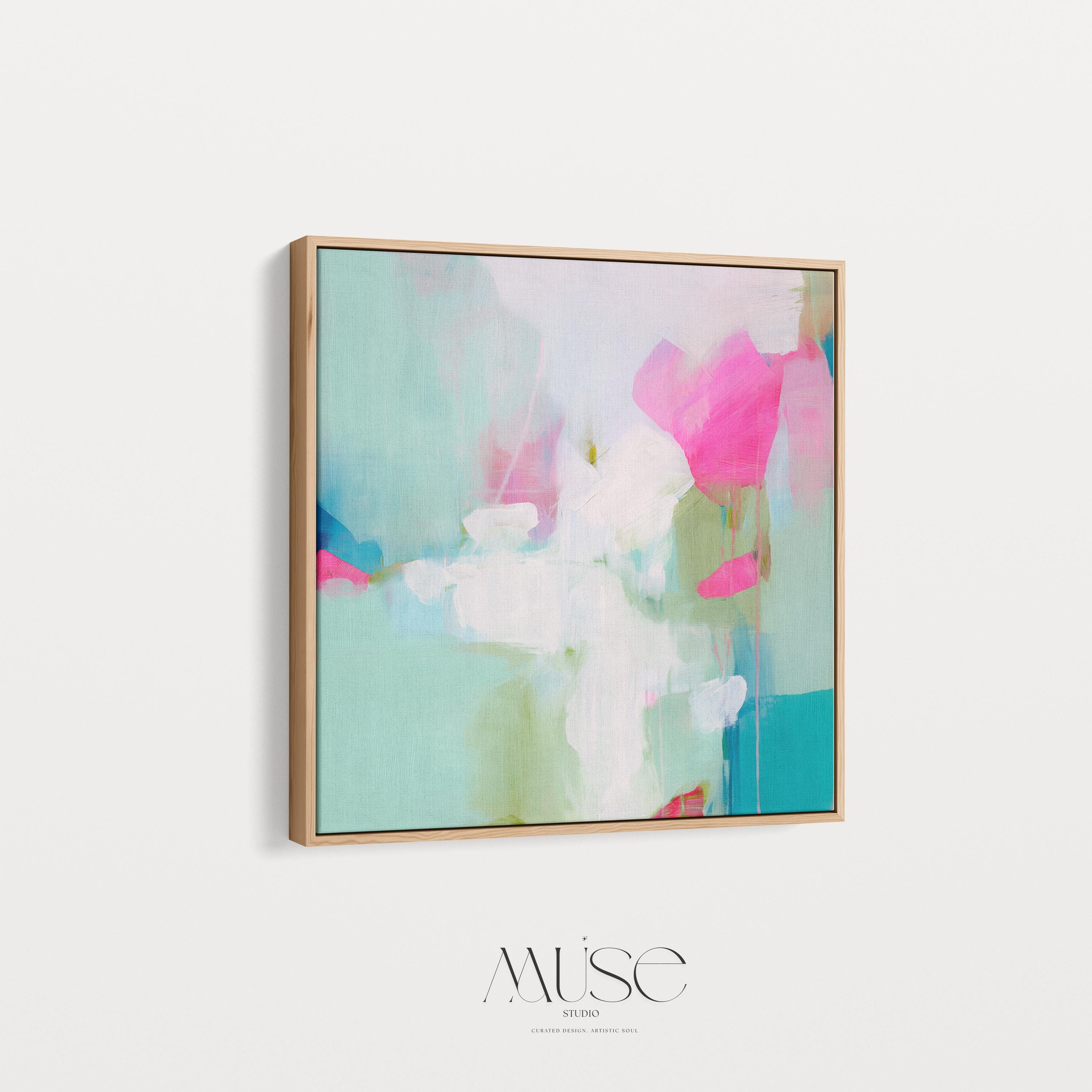 Square abstract canvas wall art featuring aqua blue, blush pink, and soft white brushstrokes in a light, painterly style. Designed for soft contemporary and preppy interiors, this large framed artwork brings an airy, uplifting mood to bedrooms, nurseries, or living rooms. Available as a gallery-wrapped or framed canvas for curated designer decor.