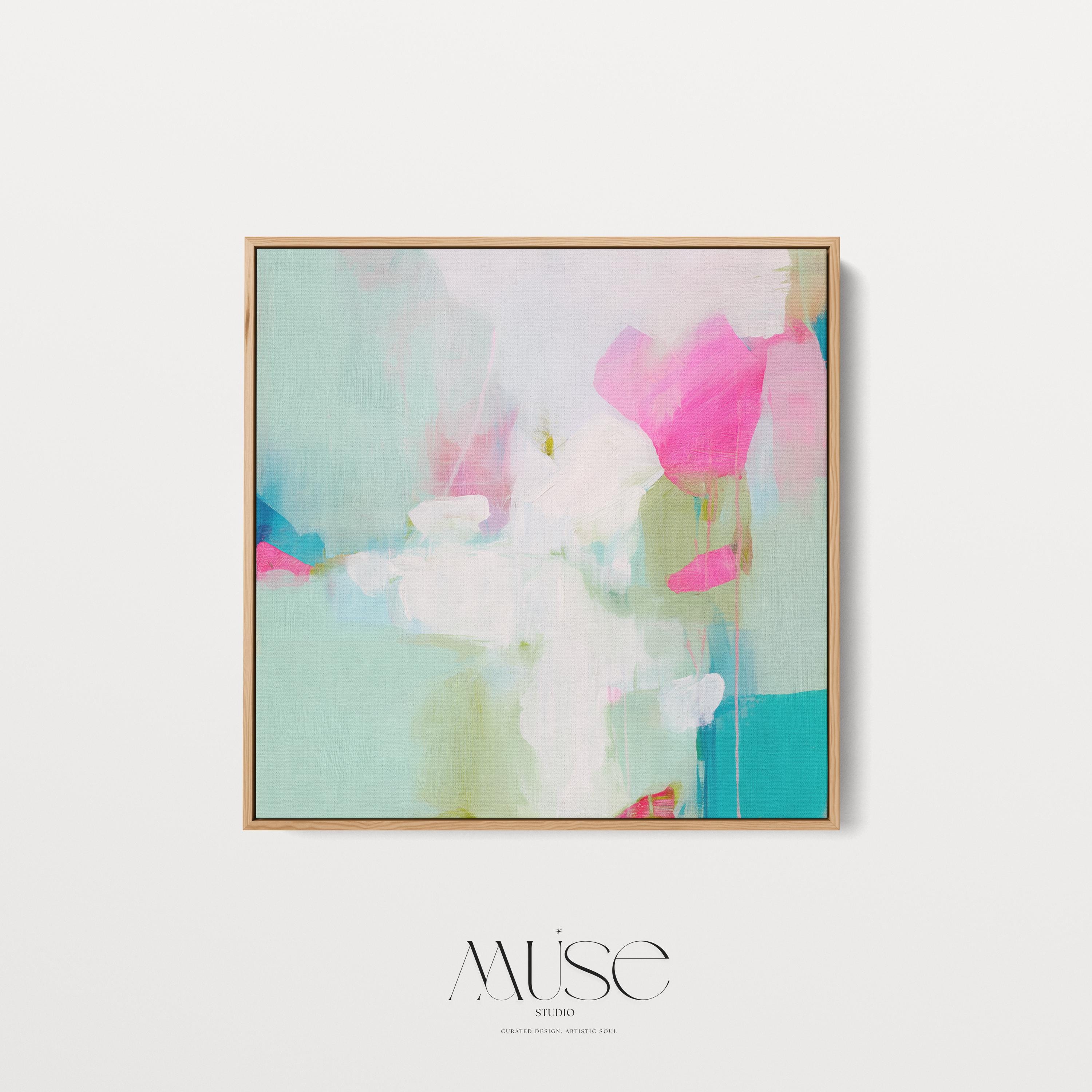 Square abstract canvas wall art featuring aqua blue, blush pink, and soft white brushstrokes in a light, painterly style. Designed for soft contemporary and preppy interiors, this large framed artwork brings an airy, uplifting mood to bedrooms, nurseries, or living rooms. Available as a gallery-wrapped or framed canvas for curated designer decor.