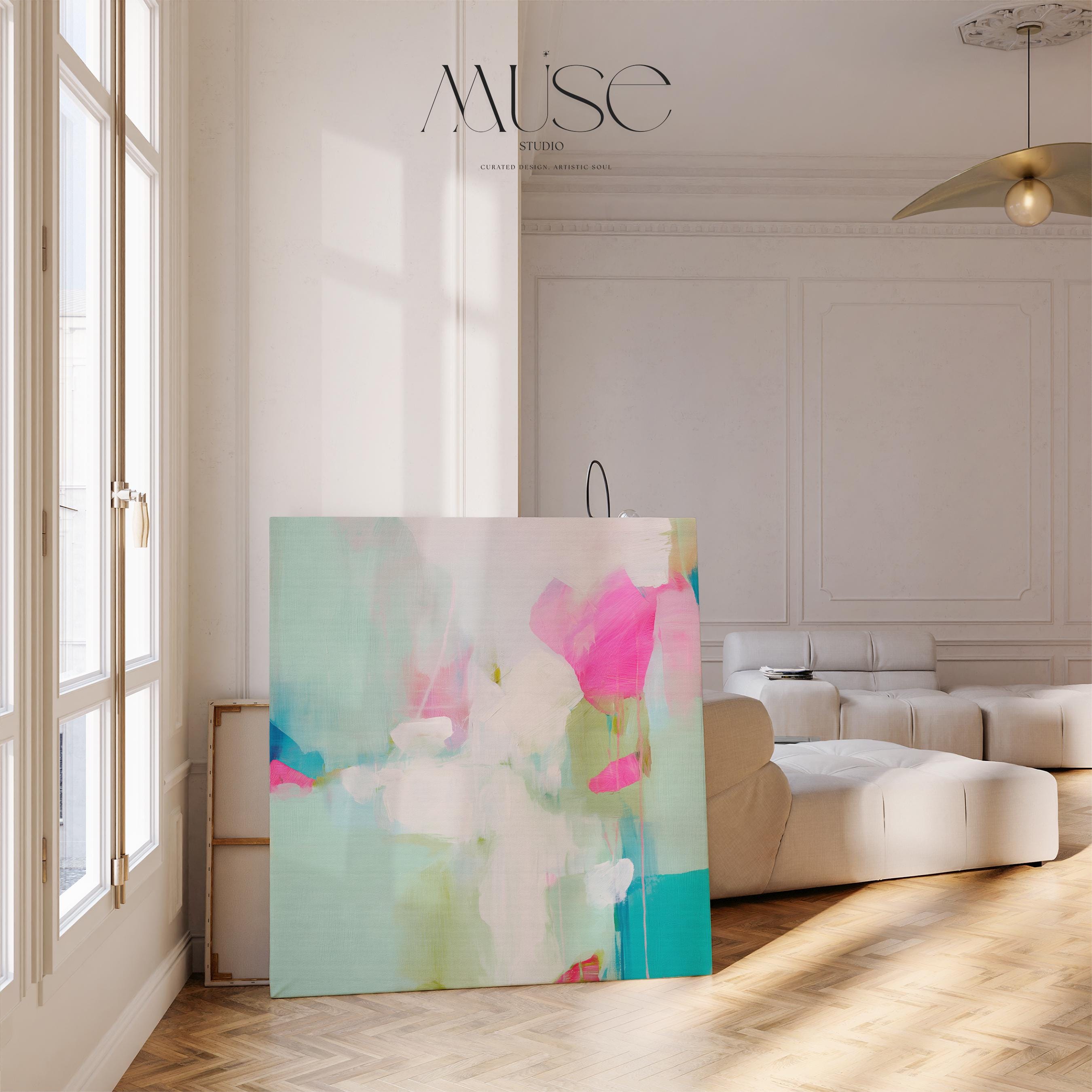 Square abstract wall art on canvas featuring aqua blue, blush pink, and soft white tones in a painterly pastel style. Designed for preppy and soft contemporary interiors, this large framed artwork brings an airy yet vibrant mood to bedrooms, nurseries, or living rooms. Available as a gallery-wrapped or framed canvas for curated designer decor.