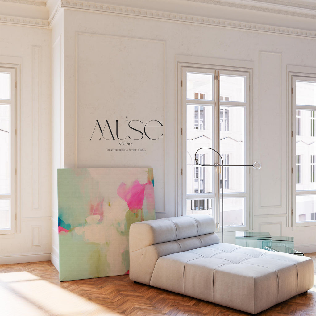 Square abstract wall art on canvas featuring aqua blue, blush pink, and soft white tones in a painterly pastel style. Designed for preppy and soft contemporary interiors, this large framed artwork brings an airy yet vibrant mood to bedrooms, nurseries, or living rooms. Available as a gallery-wrapped or framed canvas for curated designer decor.