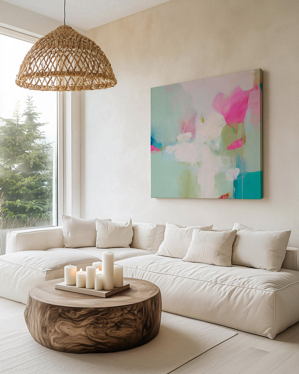 Square abstract wall art on canvas featuring aqua blue, blush pink, and soft white tones in a painterly pastel style. Designed for preppy and soft contemporary interiors, this large framed artwork brings an airy yet vibrant mood to bedrooms, nurseries, or living rooms. Available as a gallery-wrapped or framed canvas for curated designer decor.