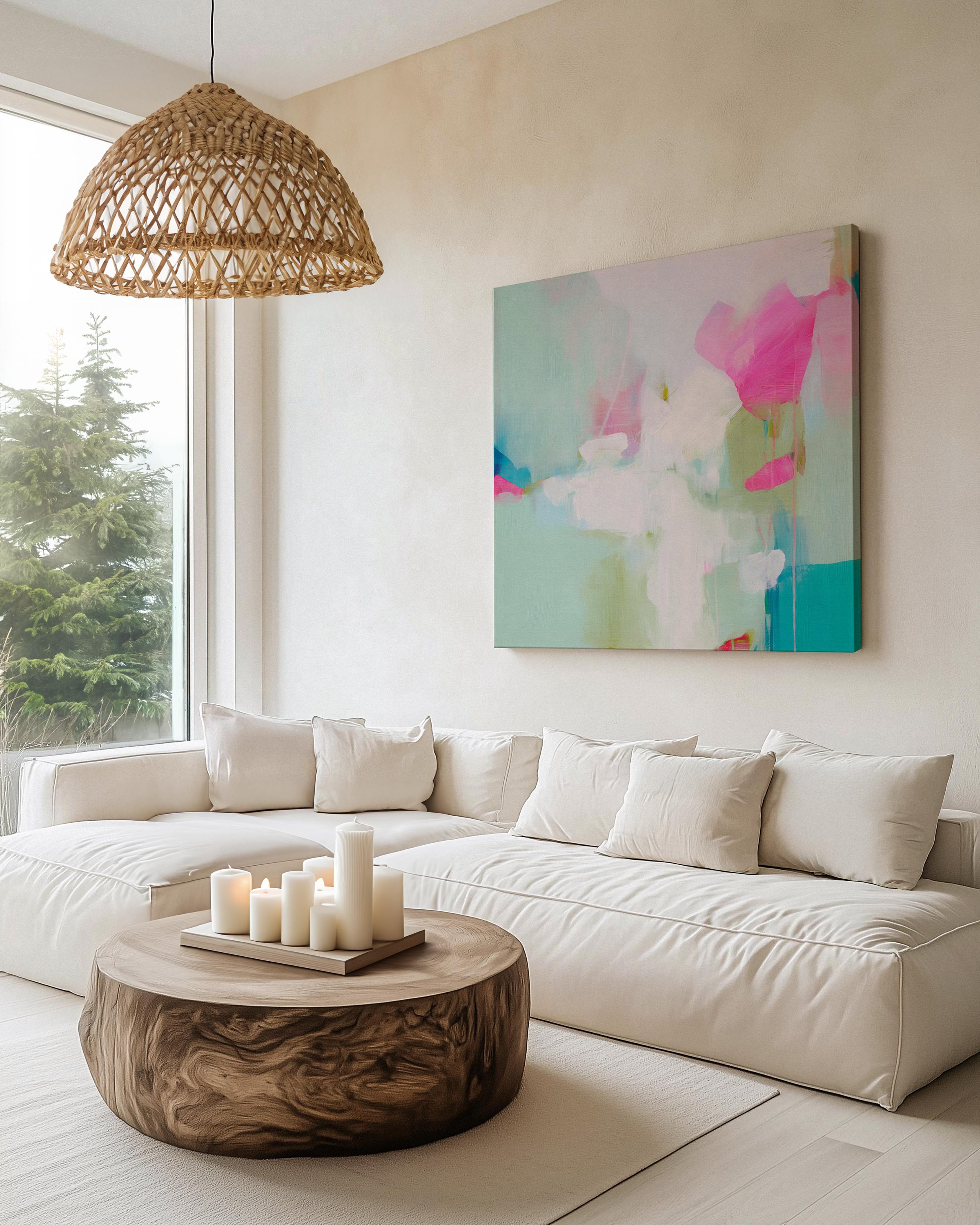 Square abstract wall art on canvas featuring aqua blue, blush pink, and soft white tones in a painterly pastel style. Designed for preppy and soft contemporary interiors, this large framed artwork brings an airy yet vibrant mood to bedrooms, nurseries, or living rooms. Available as a gallery-wrapped or framed canvas for curated designer decor.