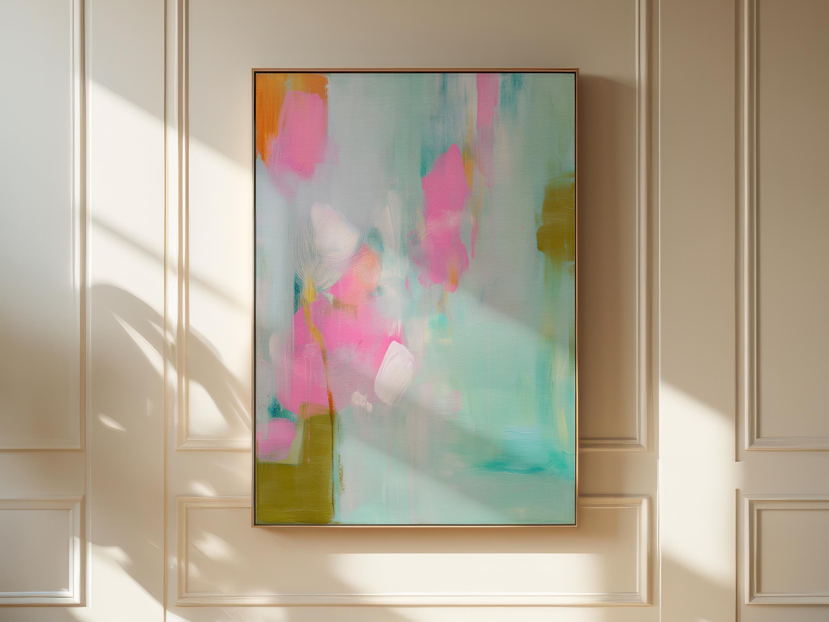 Coastal teal abstract wall art by Muse Studio featuring a preppy Southern pastel palette with aqua blue, teal, blush pink, coral, and fresh green painterly movement. Petal Current 562 is styled for modern contemporary color pop decor, pastel living room wall art, kids room art, nursery wall decor, office wall art, and bright coastal interiors, printed with museum-grade giclée inks on premium gallery-wrapped artist canvas with framed canvas options available.