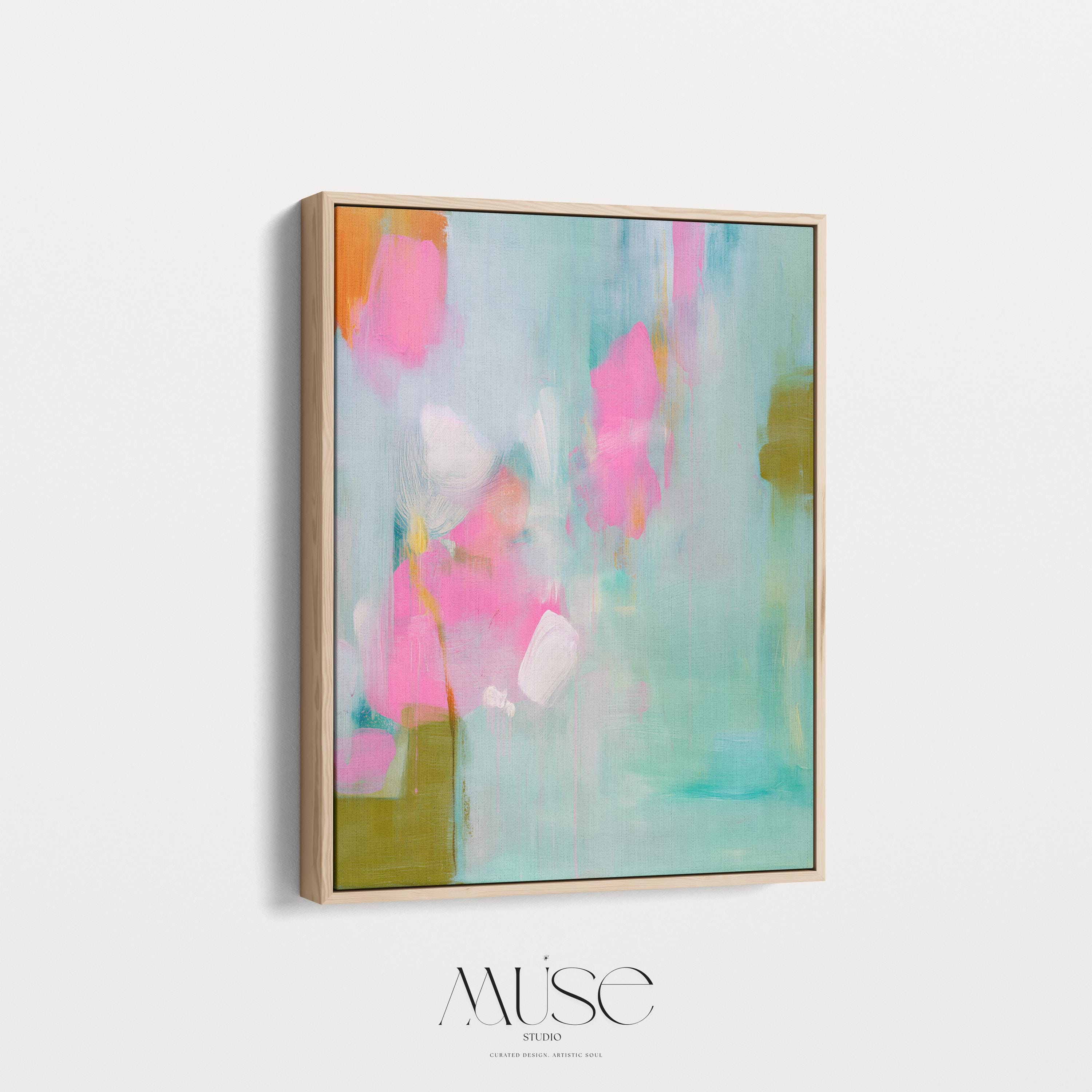Vertical abstract canvas wall art featuring vibrant pink, aqua, and olive green brushstrokes with layered painterly textures. Styled for coquette-inspired and soft contemporary interiors, this framed artwork makes a striking statement in bedrooms, entryways, or curated living rooms. Available as a gallery-wrapped or framed canvas for refined, designer-forward decor.