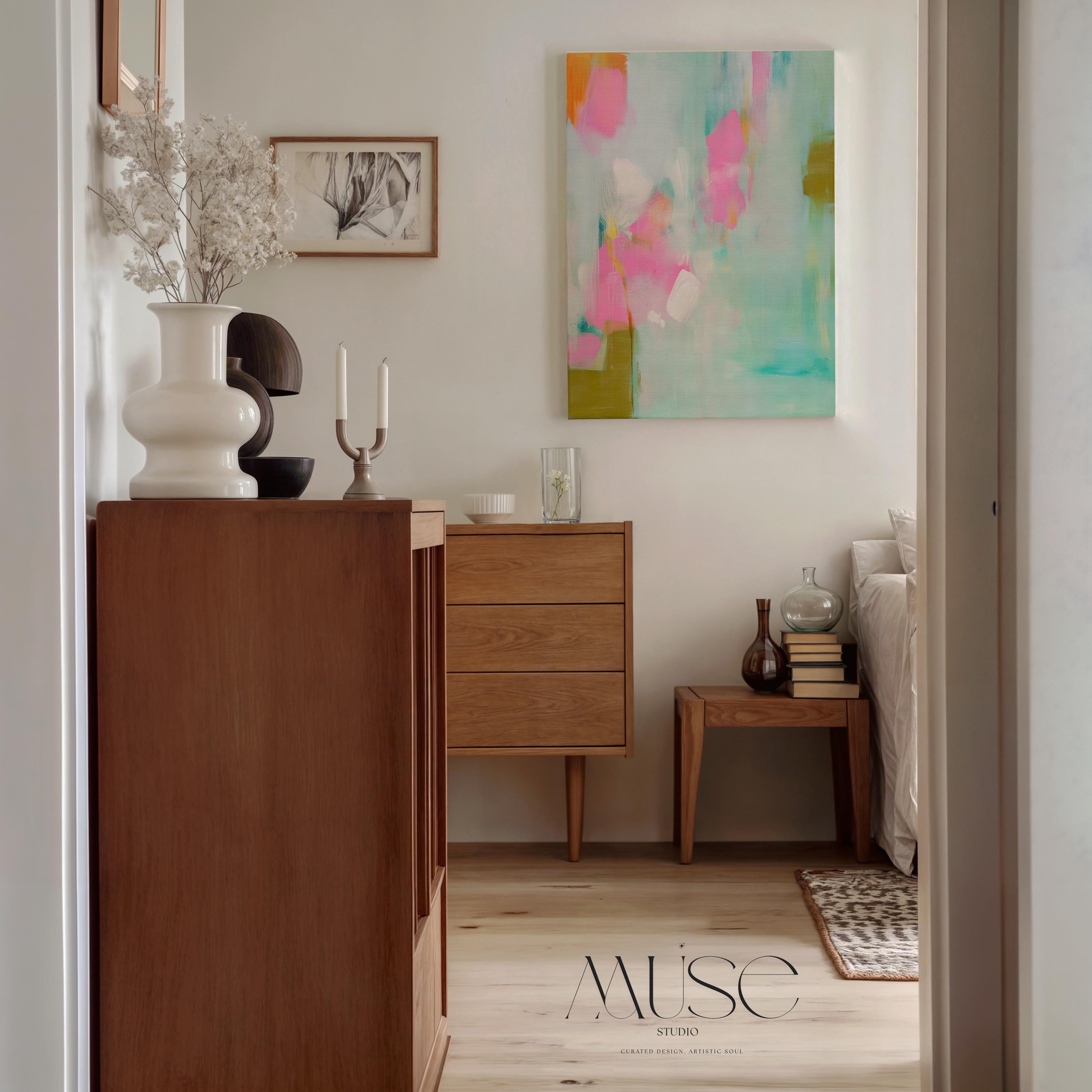 Large vertical abstract canvas painting with aqua, blush pink, and olive green brushstrokes in a painterly, coquette-inspired style. Perfect for bedrooms, entryways, or transitional living rooms, blending soft pastel charm with modern sophistication. Available as a gallery-wrapped canvas for refined, designer interiors.