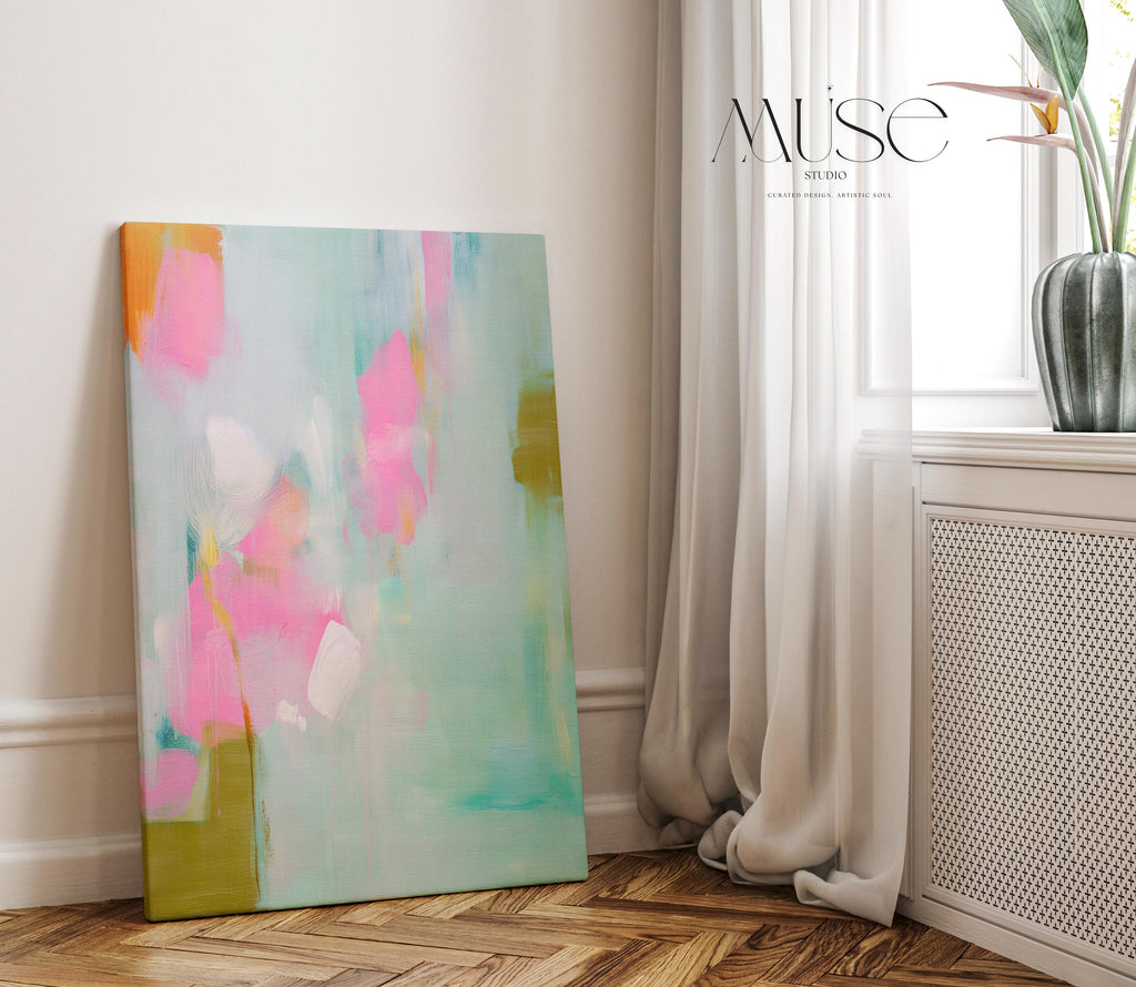 Large vertical abstract canvas painting with aqua, blush pink, and olive green brushstrokes in a painterly, coquette-inspired style. Perfect for bedrooms, entryways, or transitional living rooms, blending soft pastel charm with modern sophistication. Available as a gallery-wrapped canvas for refined, designer interiors.
