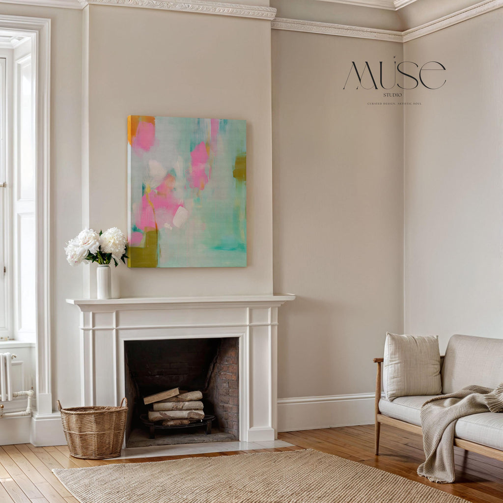 Large vertical abstract canvas painting with aqua, blush pink, and olive green brushstrokes in a painterly, coquette-inspired style. Perfect for bedrooms, entryways, or transitional living rooms, blending soft pastel charm with modern sophistication. Available as a gallery-wrapped canvas for refined, designer interiors.