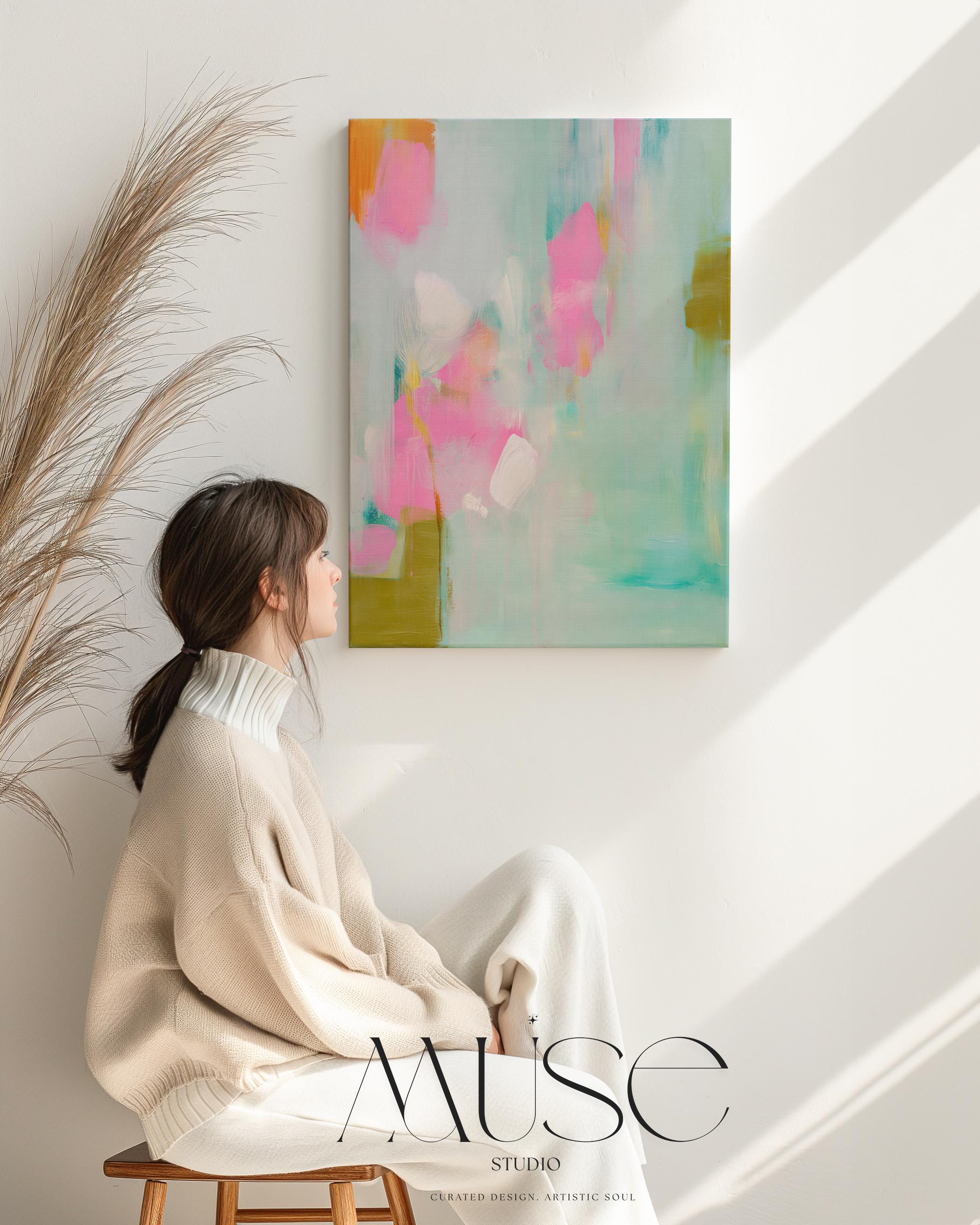 Large vertical abstract canvas painting with aqua, blush pink, and olive green brushstrokes in a painterly, coquette-inspired style. Perfect for bedrooms, entryways, or transitional living rooms, blending soft pastel charm with modern sophistication. Available as a gallery-wrapped canvas for refined, designer interiors.