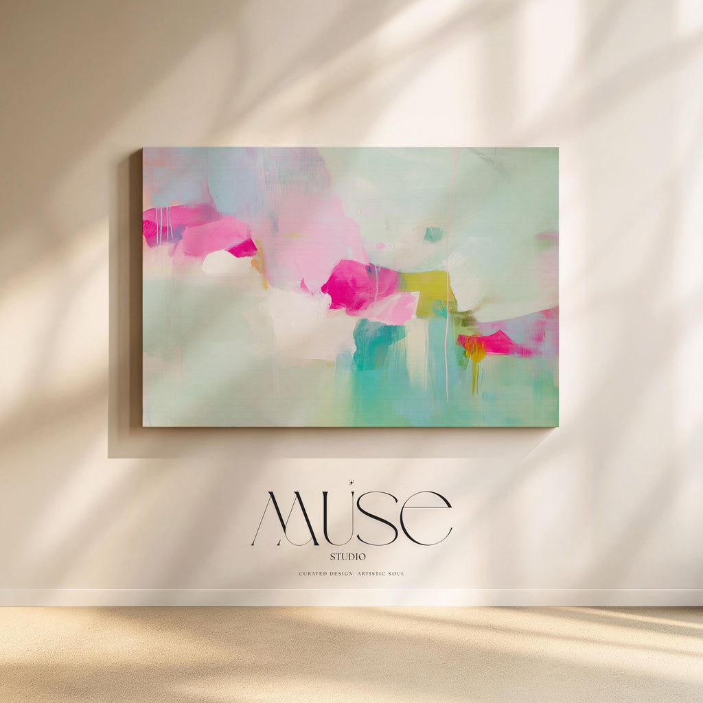 Horizontal abstract canvas painting in blush pink, aqua, and chartreuse with a pastel botanical inspired design. Painterly textures create a soft contemporary mood, perfect for bedrooms, offices, or living rooms. Available as a gallery-wrapped canvas for refined, designer wall decor.