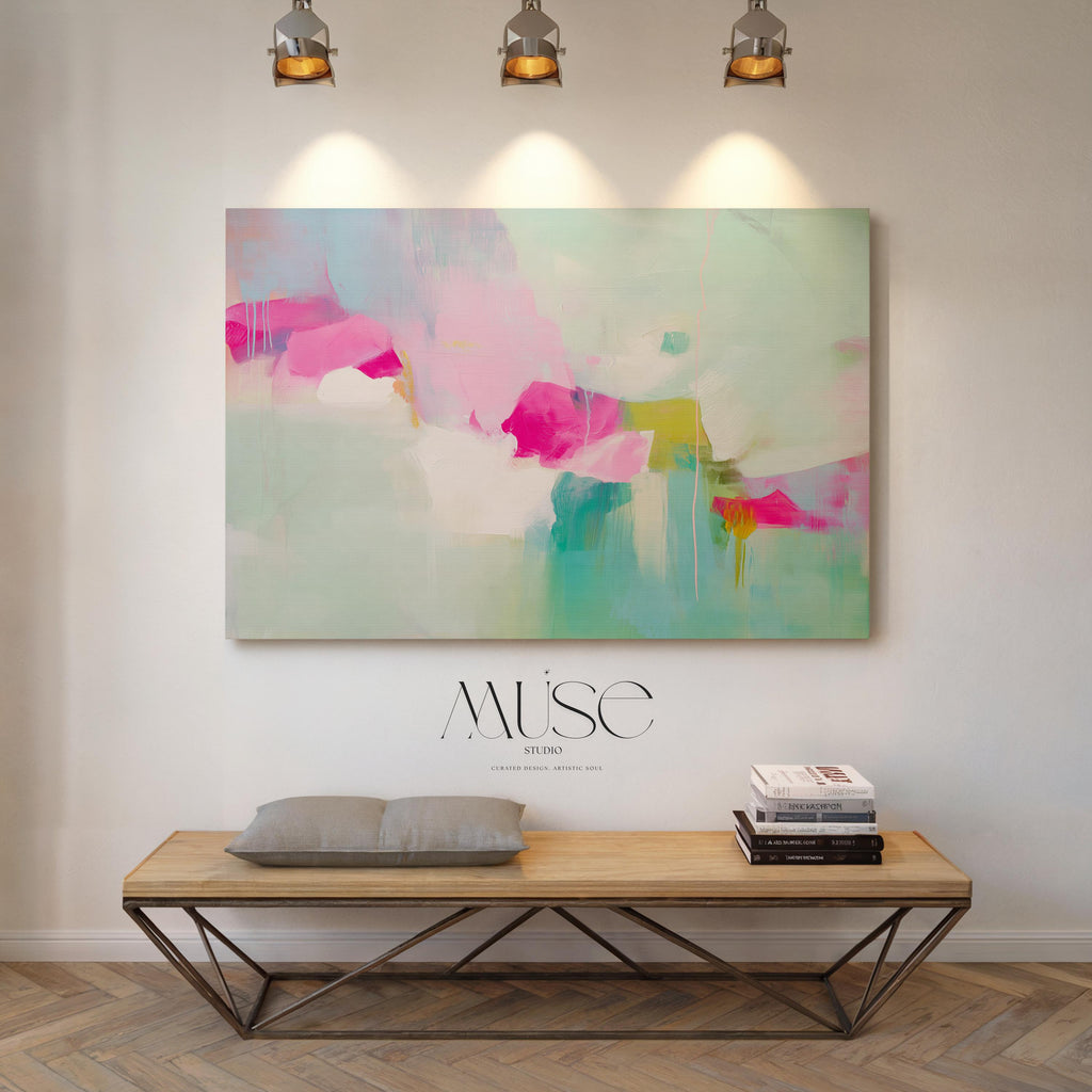 Horizontal abstract canvas painting in blush pink, aqua, and chartreuse with a pastel botanical inspired design. Painterly textures create a soft contemporary mood, perfect for bedrooms, offices, or living rooms. Available as a gallery-wrapped canvas for refined, designer wall decor.