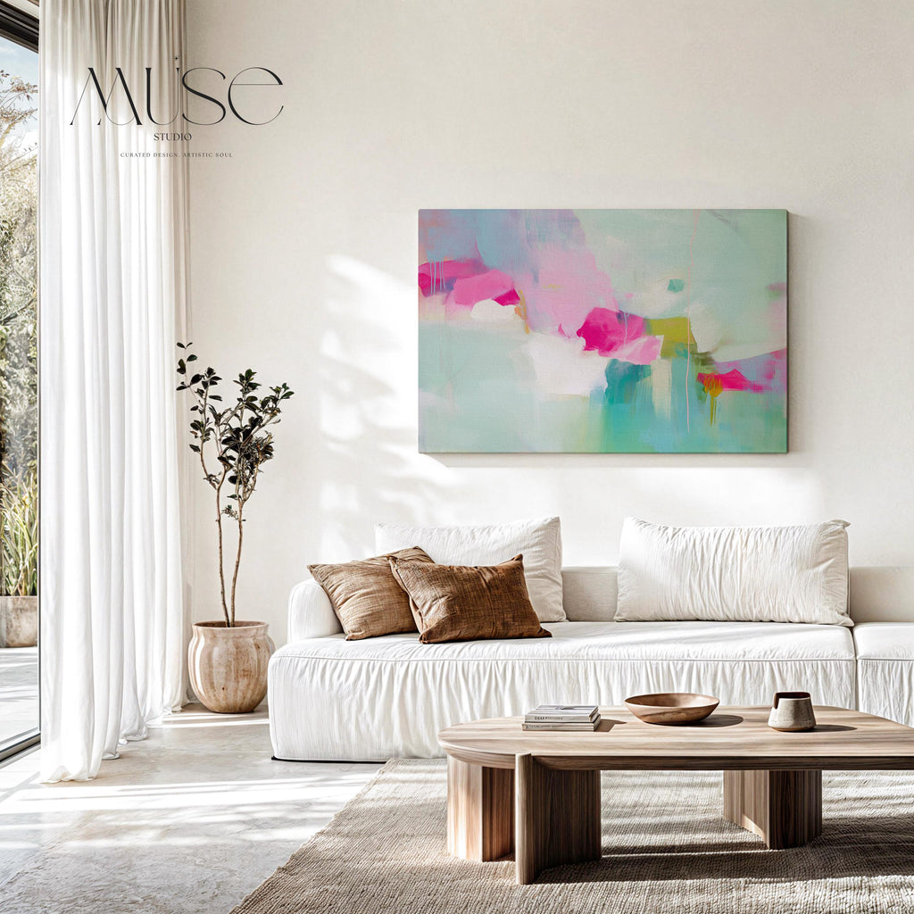 Horizontal abstract canvas painting in blush pink, aqua, and chartreuse with a pastel botanical inspired design. Painterly textures create a soft contemporary mood, perfect for bedrooms, offices, or living rooms. Available as a gallery-wrapped canvas for refined, designer wall decor.
