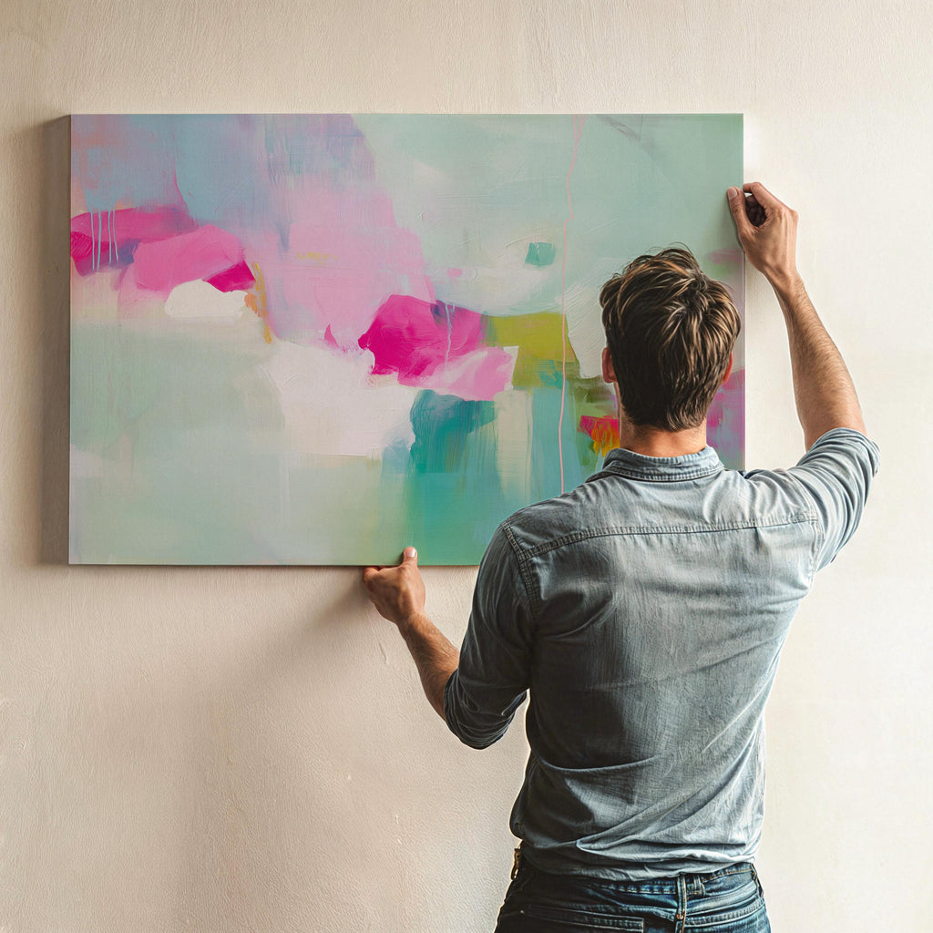 Horizontal abstract canvas painting in blush pink, aqua, and chartreuse with a pastel botanical inspired design. Painterly textures create a soft contemporary mood, perfect for bedrooms, offices, or living rooms. Available as a gallery-wrapped canvas for refined, designer wall decor.