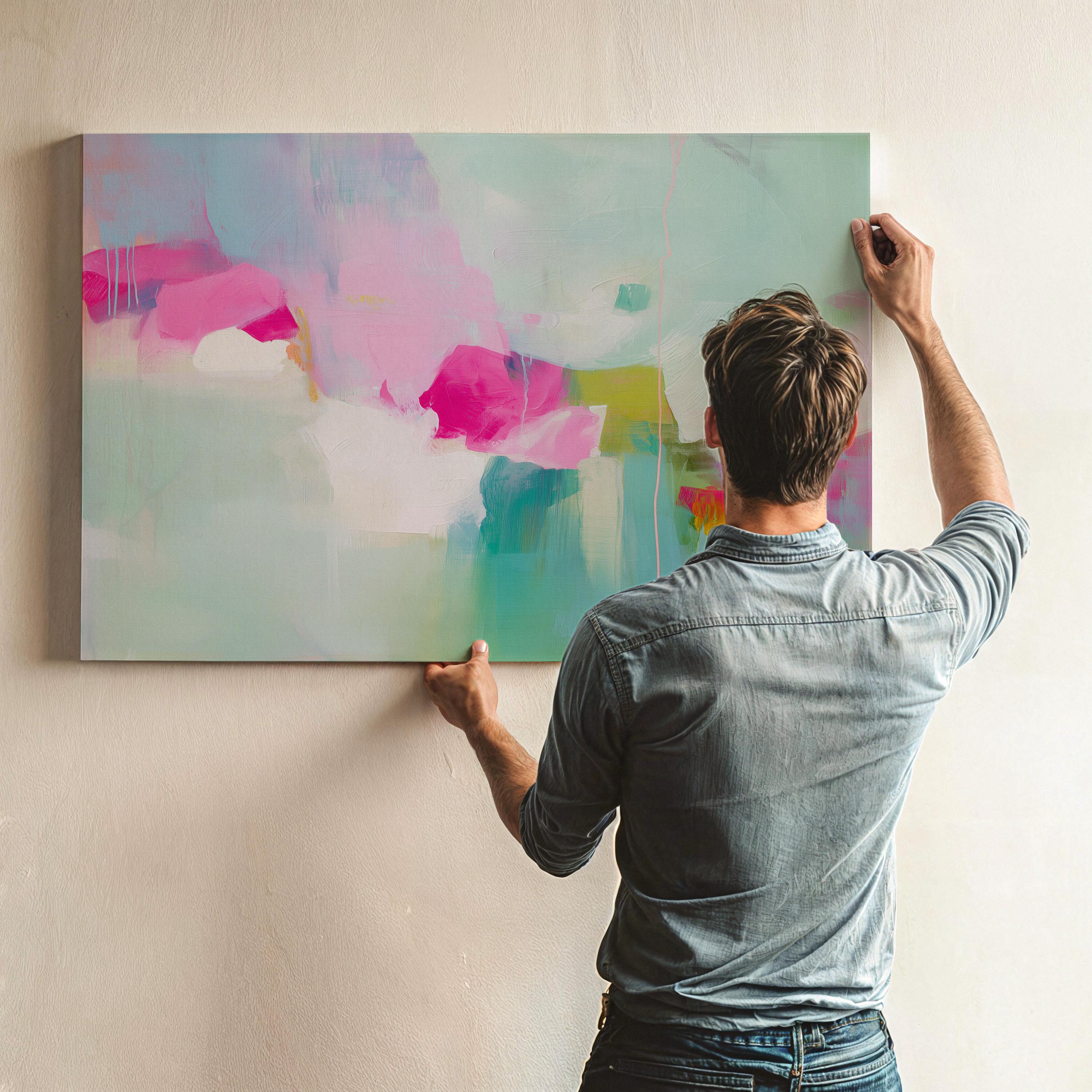 Horizontal abstract canvas painting in blush pink, aqua, and chartreuse with a pastel botanical inspired design. Painterly textures create a soft contemporary mood, perfect for bedrooms, offices, or living rooms. Available as a gallery-wrapped canvas for refined, designer wall decor.