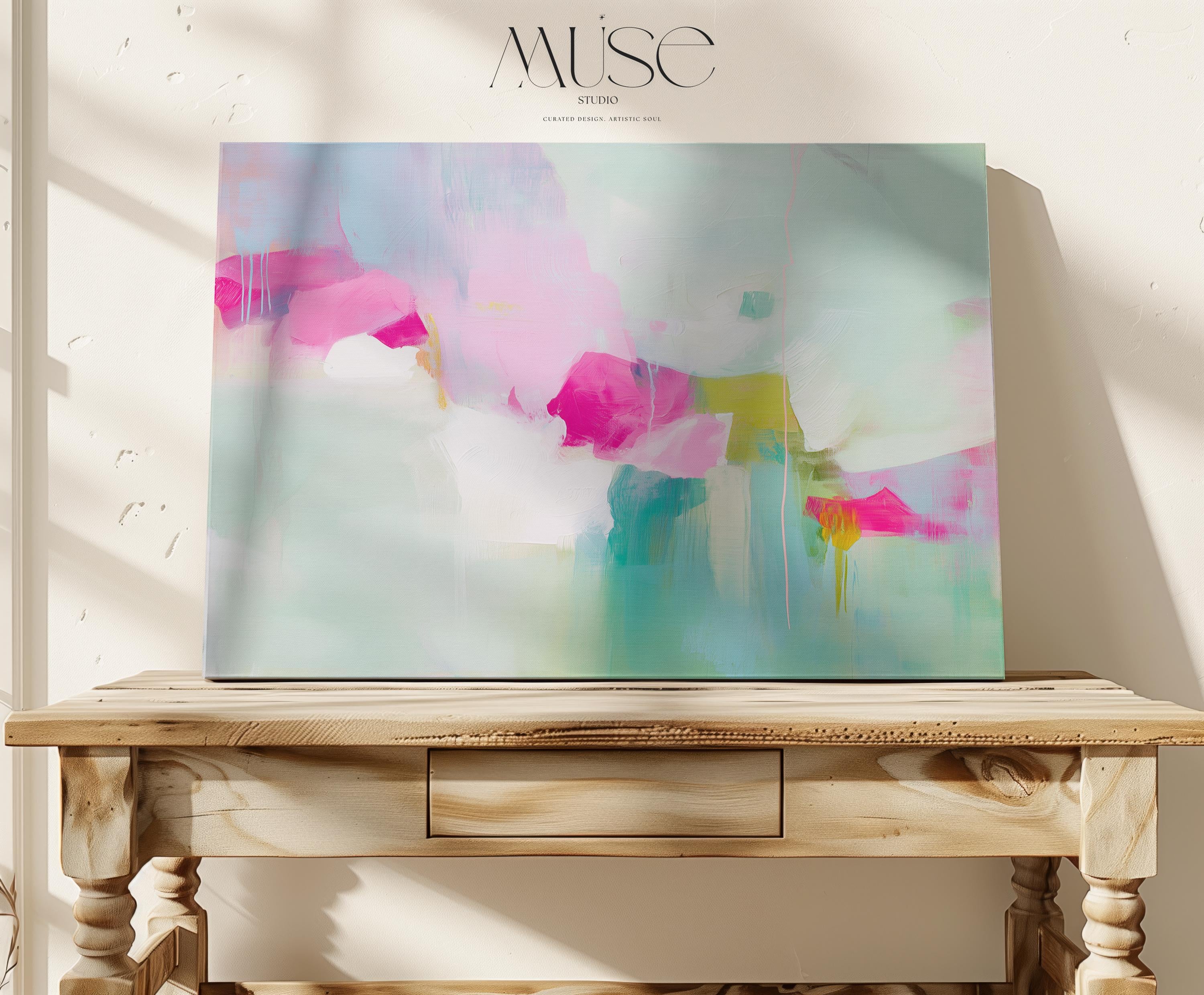 Horizontal abstract canvas painting in blush pink, aqua, and chartreuse with a pastel botanical inspired design. Painterly textures create a soft contemporary mood, perfect for bedrooms, offices, or living rooms. Available as a gallery-wrapped canvas for refined, designer wall decor.