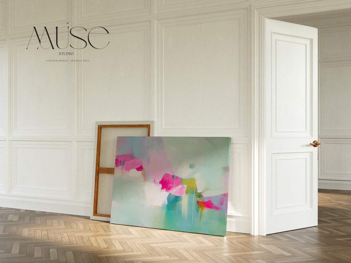 Horizontal abstract canvas painting in blush pink, aqua, and chartreuse with a pastel botanical inspired design. Painterly textures create a soft contemporary mood, perfect for bedrooms, offices, or living rooms. Available as a gallery-wrapped canvas for refined, designer wall decor.