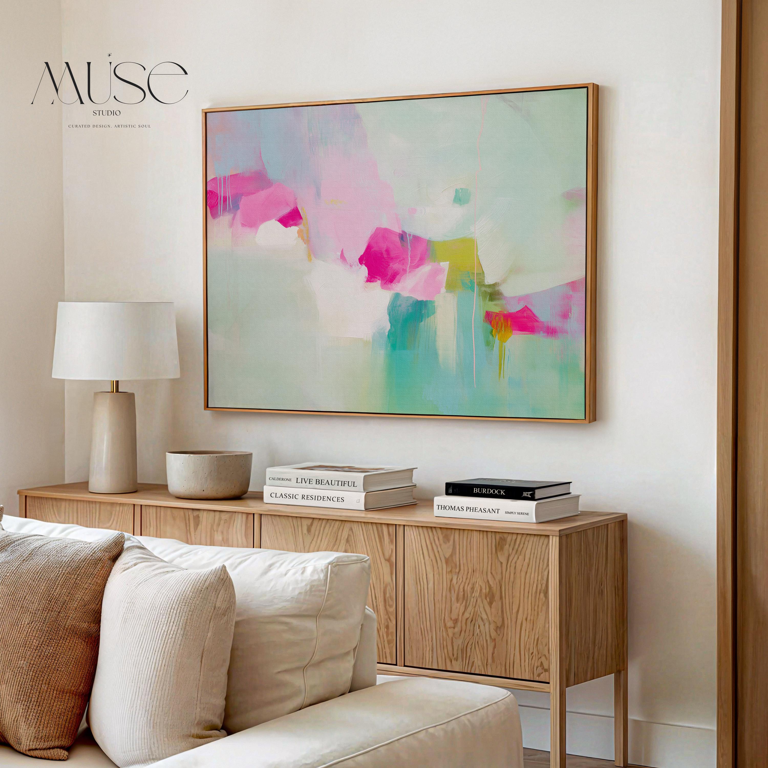 Large Abstract Canvas Wall Art in Pink & Aqua • Horizontal Framed Painting for Living Room Decor • Modern Statement Art 563