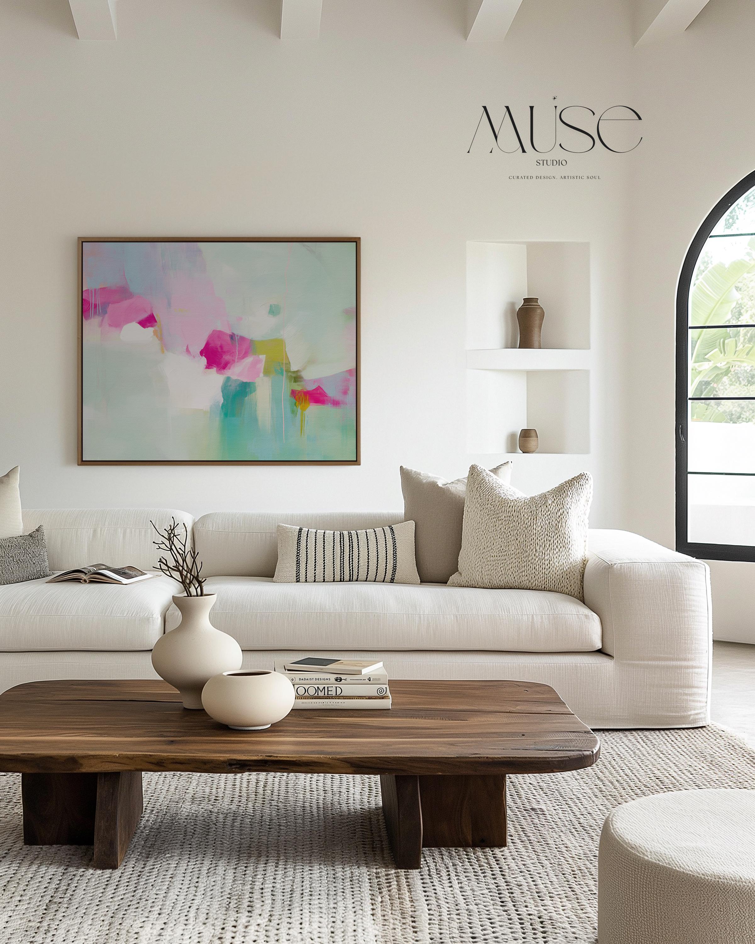 Large Abstract Canvas Wall Art in Pink & Aqua • Horizontal Framed Painting for Living Room Decor • Modern Statement Art 563
