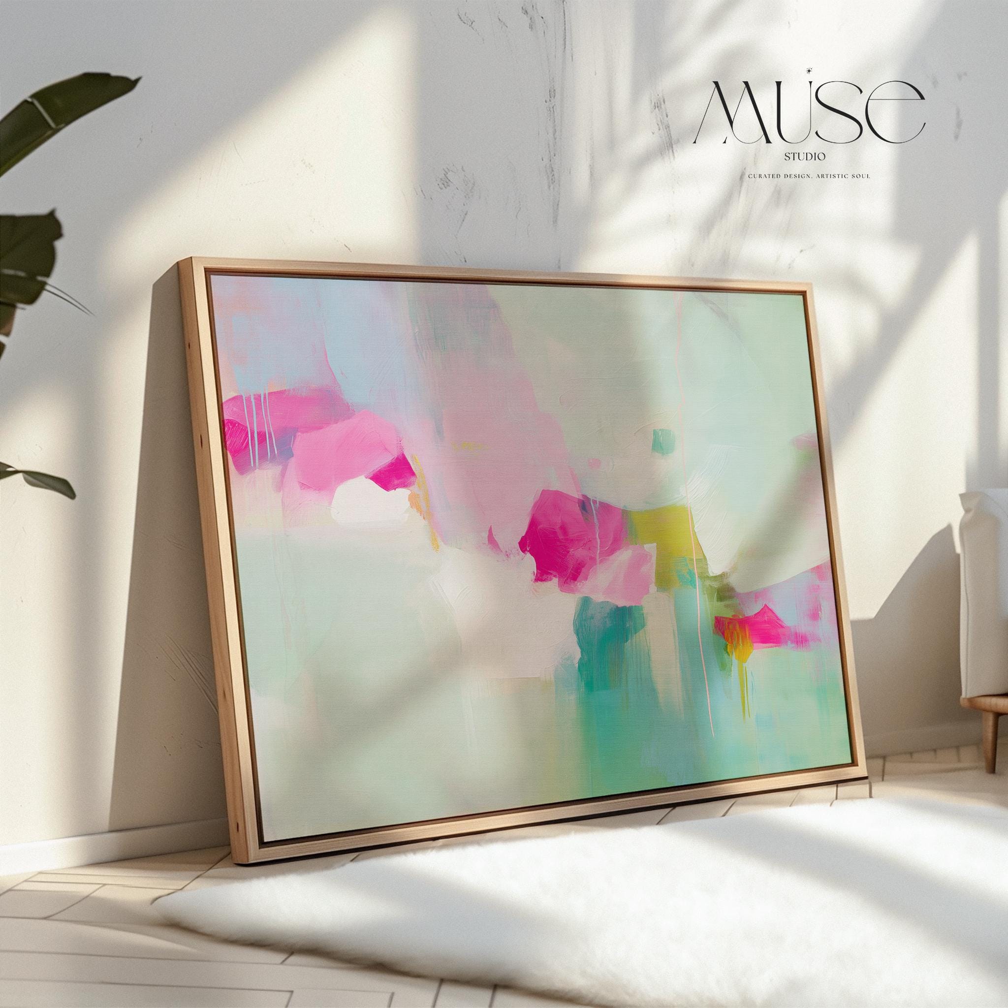 Large Abstract Canvas Wall Art in Pink & Aqua • Horizontal Framed Painting for Living Room Decor • Modern Statement Art 563