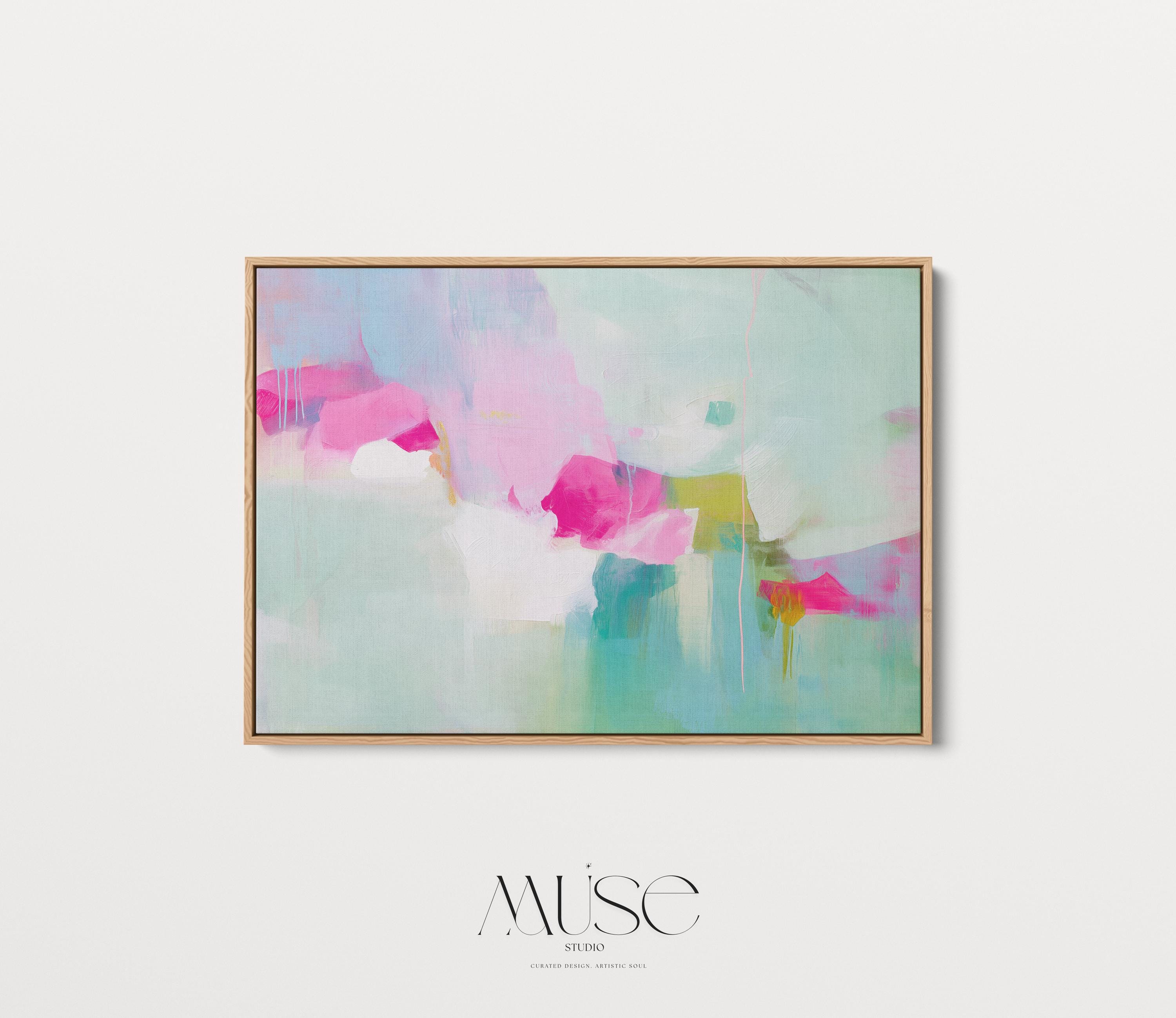 Large Abstract Canvas Wall Art in Pink & Aqua • Horizontal Framed Painting for Living Room Decor • Modern Statement Art 563
