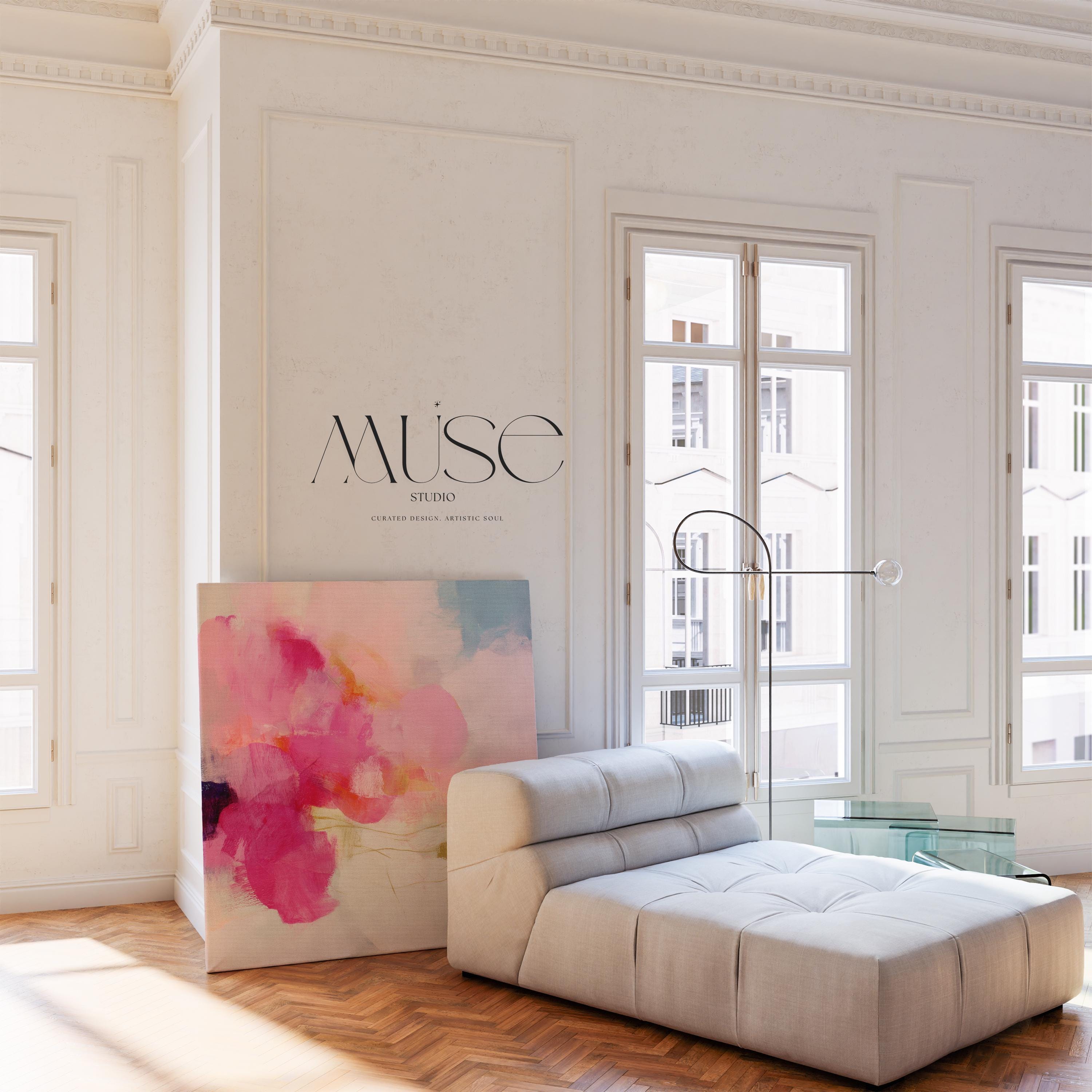 Square abstract canvas wall art featuring vivid pink, coral, and golden brushstrokes against a soft backdrop. Bold yet refined, this statement artwork suits transitional, boho, and soft contemporary interiors. Perfect for bedrooms, living rooms, or entryway decor. Available as framed or gallery-wrapped canvas.