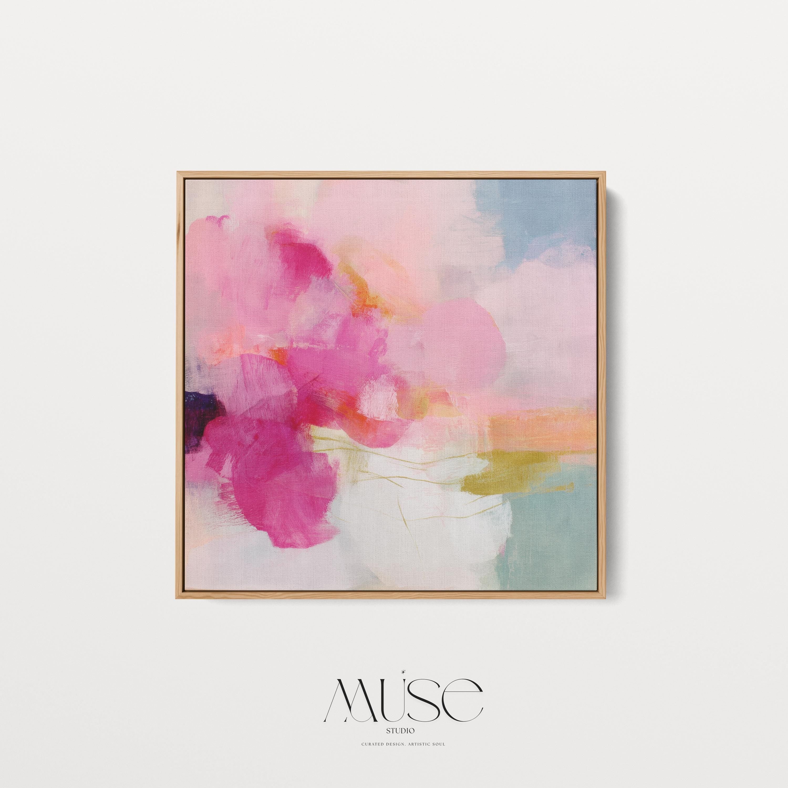 Framed square canvas wall art featuring bold pink and coral brushstrokes with teal and golden undertones. This abstract artwork blends boho, transitional, and soft contemporary design, perfect for bedrooms, living rooms, or entryway decor. Available as framed or gallery-wrapped canvas.