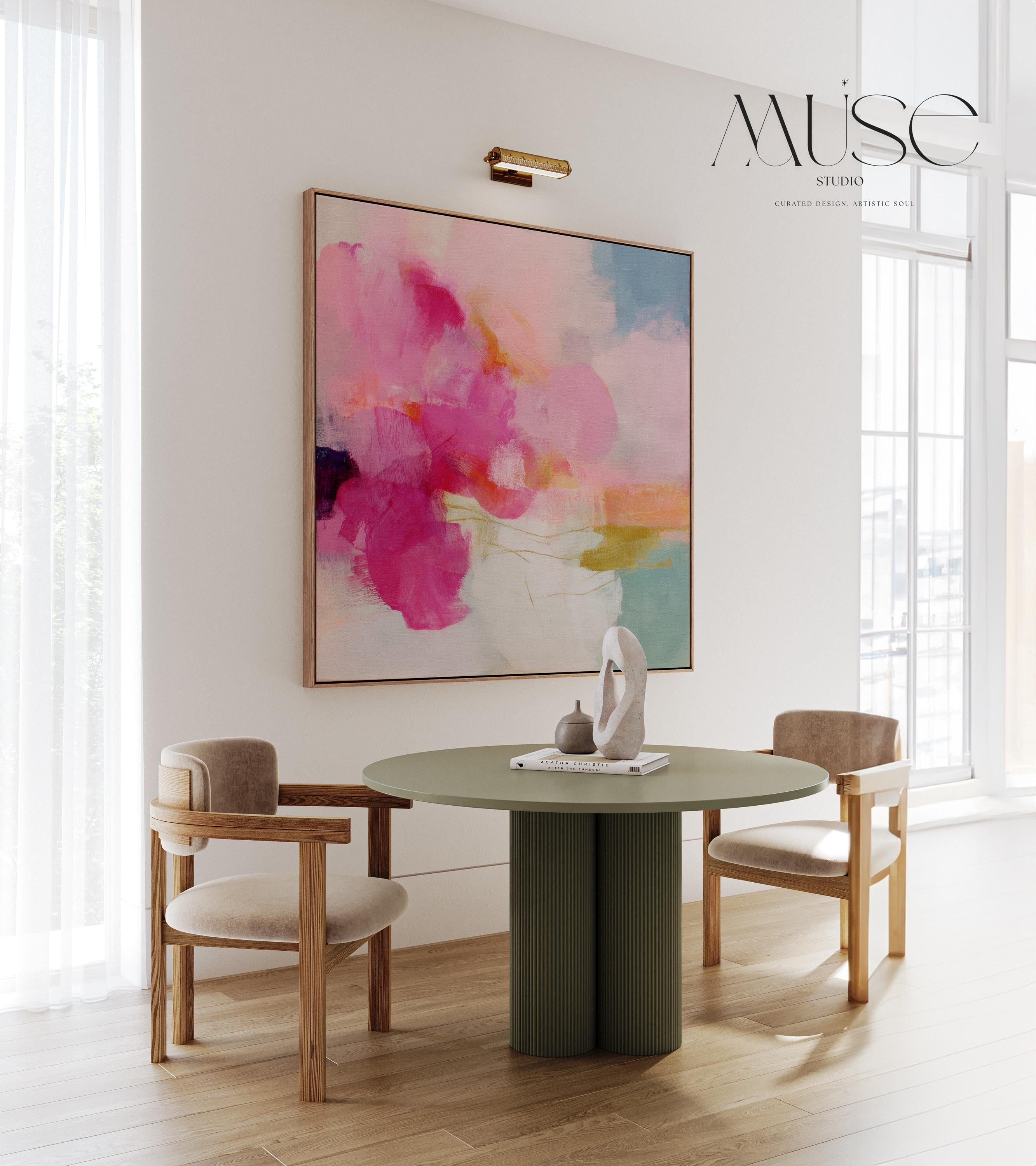 Framed square canvas wall art featuring bold pink and coral brushstrokes with teal and golden undertones. This abstract artwork blends boho, transitional, and soft contemporary design, perfect for bedrooms, living rooms, or entryway decor. Available as framed or gallery-wrapped canvas.