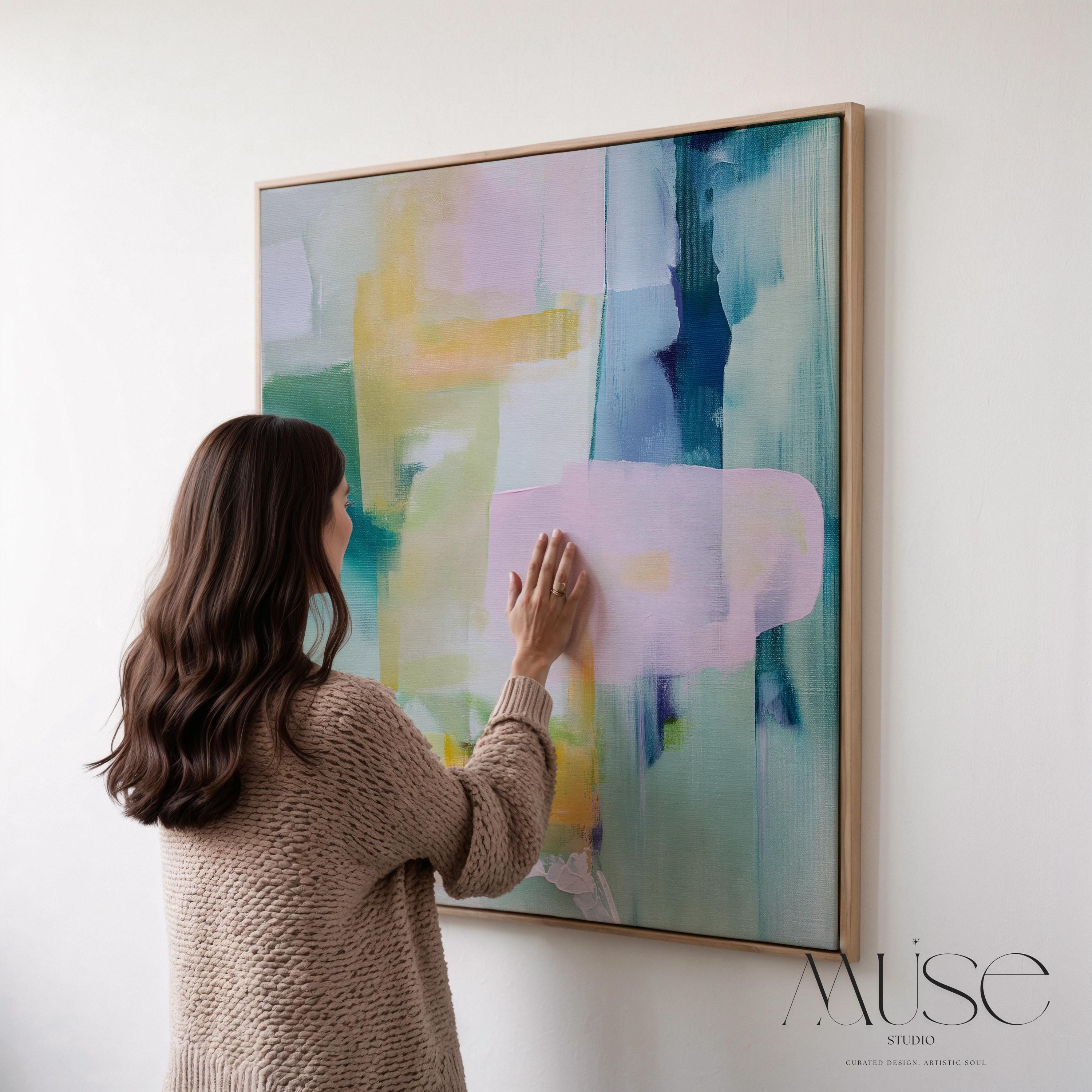 Large Abstract Canvas Wall Art Blue Pink Green Colorful Painting for Living Room · Spring Rain No. 301 by Muse Studio & Co.