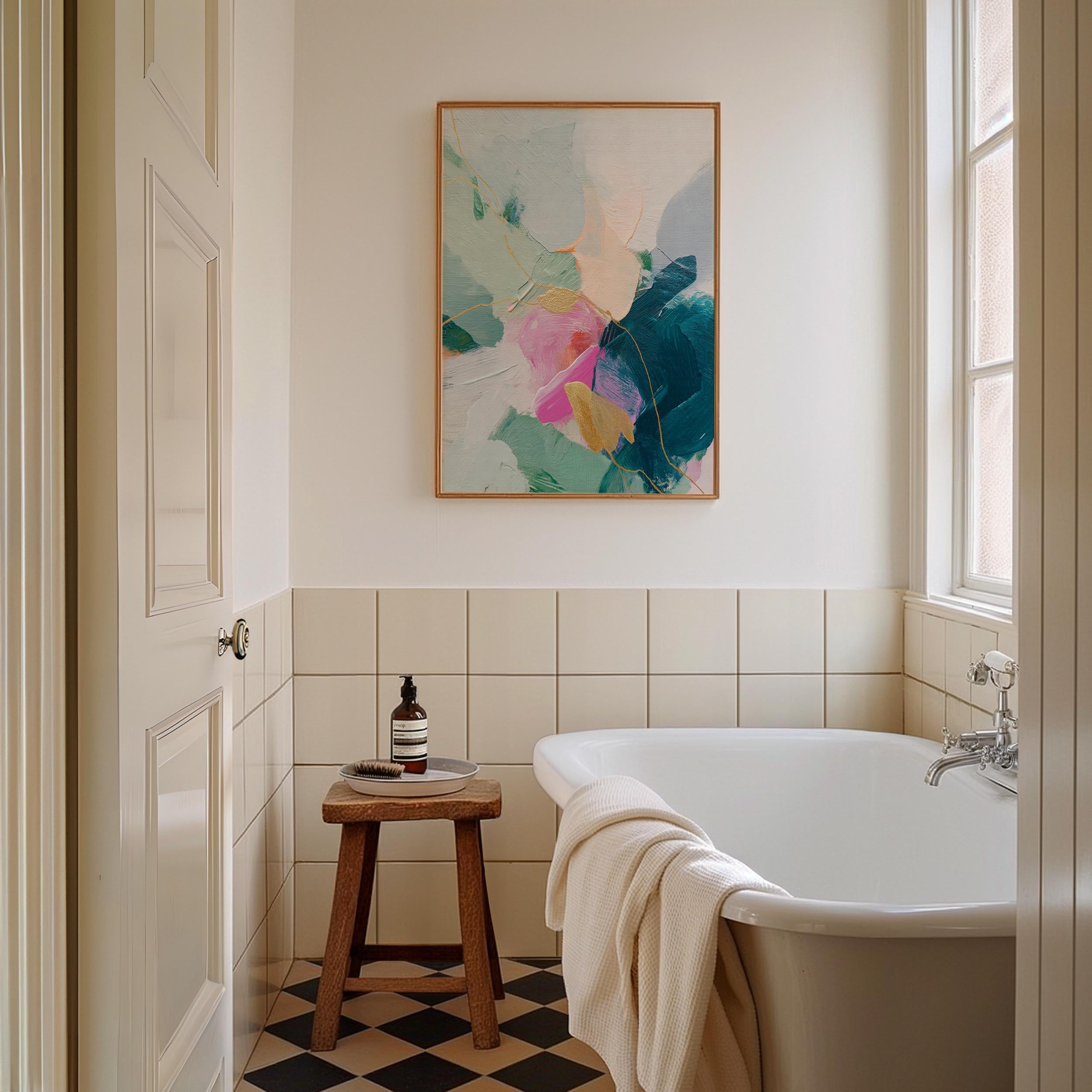 Vertical abstract canvas wall art featuring teal, blush pink, and gold accents with layered brush texture. Designed for transitional and modern interiors, this piece enhances bedrooms, hallways, or living rooms. Available framed or as a gallery-wrapped canvas for curated, designer-forward decor.